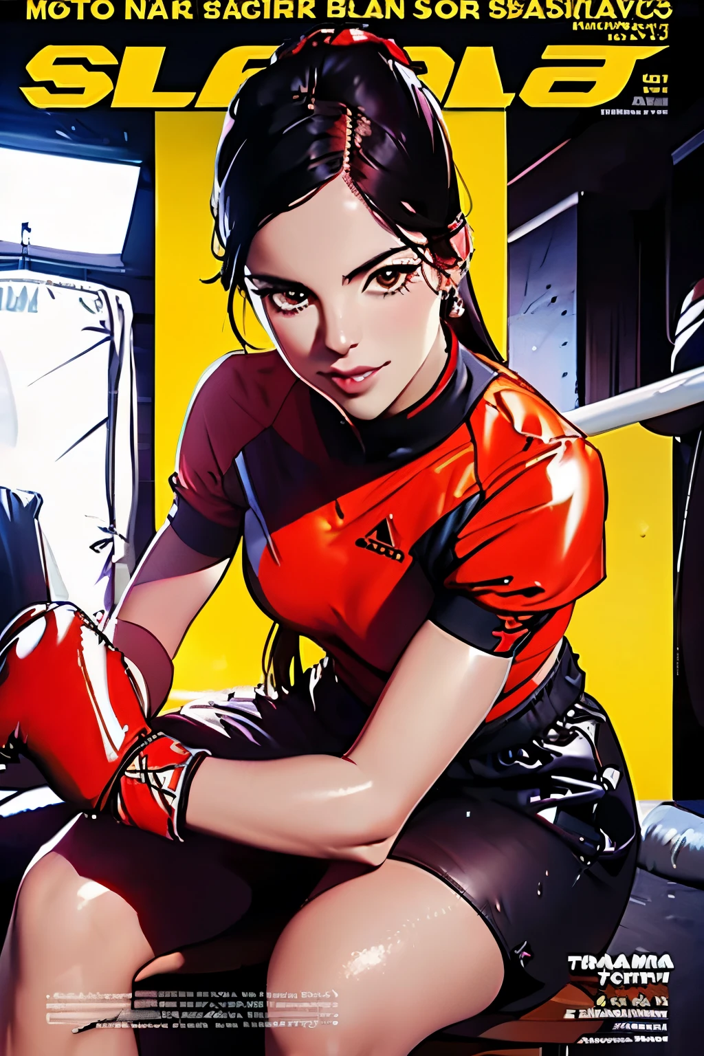Full-length sports magazine cover photo . Beautiful woman . 28 years old . Romanian . Height 173 centimeters . chest size 4 . black hair . brown eyes . Wearing a training uniform . is training. He is engaged in boxing . she smiles .