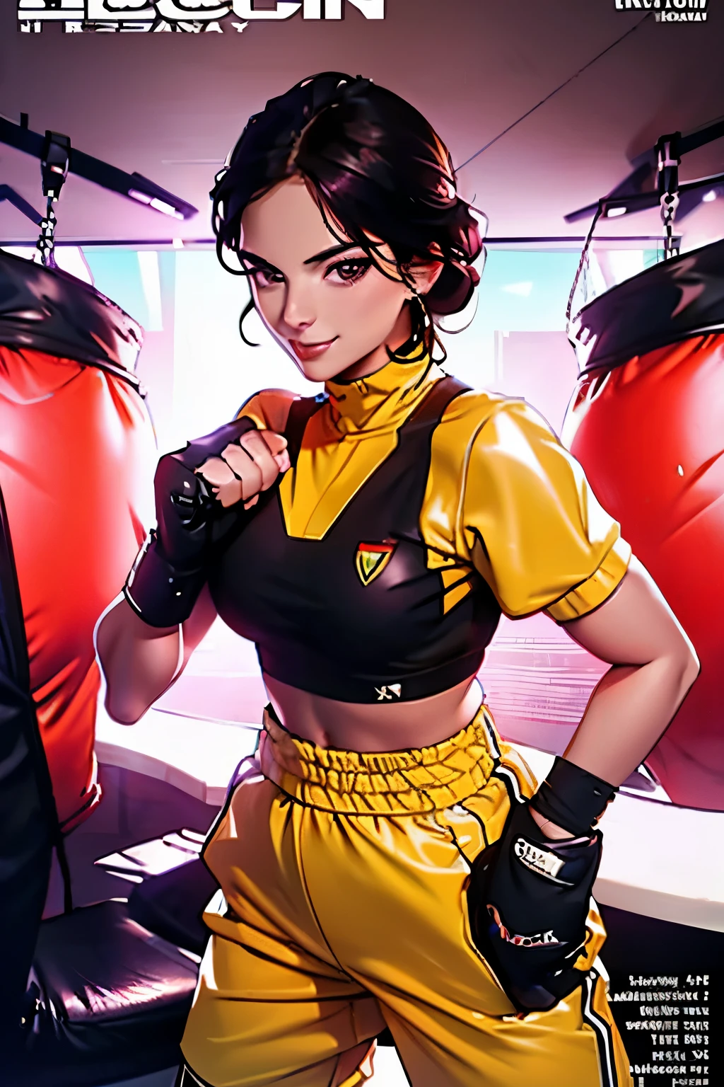 Full-length sports magazine cover photo .  Beautiful woman . 28 years old . Romanian  .  Height 173 centimeters .  chest size 4  .  black hair .  brown eyes . Wearing a training uniform . is training. He is engaged in boxing . she smiles .

