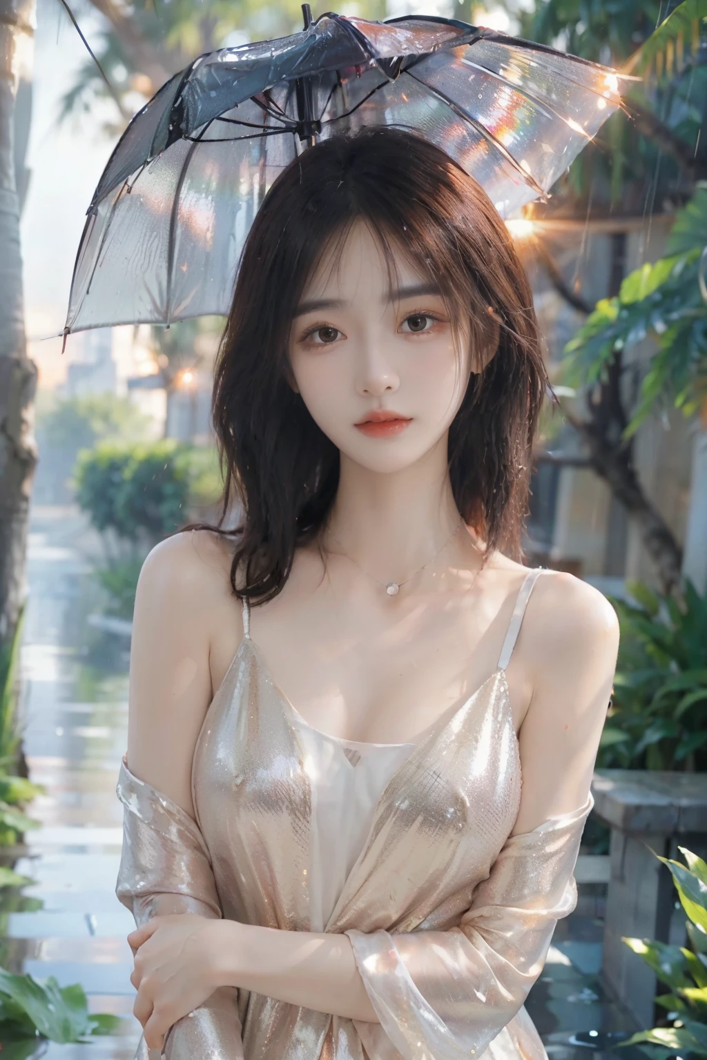 (((best quality))),(((ultra detailed))),(((masterpiece))),illustration,1 beautiful girl,solo,slim,thin,flat chest,shoulder length straight bob hair,flowing hair,fair skin,(shiny skin:1.3),sparkling eyes,cherry-red dress,delicate silver necklace,grass,dewdropletts,trees,bird chirping,(shimmering shadows:1.3),serenity,gratitude,awe,wonders of nature,peace,contentment,magnificent world,summer,(sunrise:1.5),(dark dawn:1.5),upper body,from front,(after rain:1.3),(wet:1.3),standing