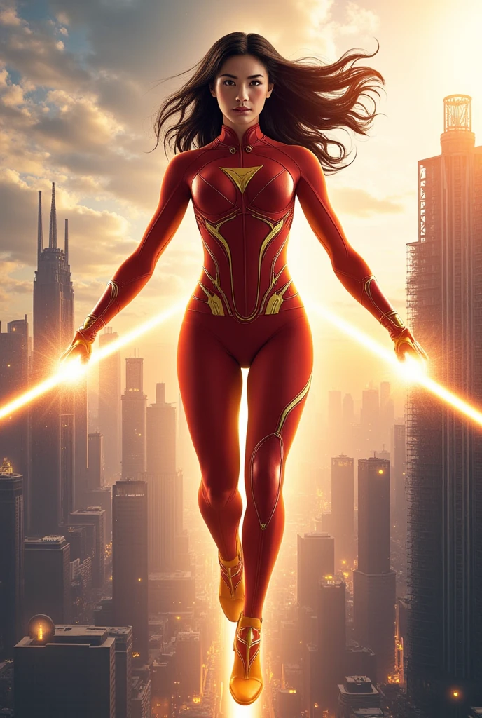 John Busema (John Buscema) Best Style ,A powerful female superhero wearing red, In the sky of a bustling metropolis,She is beautiful and sexy,Overlooking everything(whole body) Cinematic, Ultra Detailed, 16k resolution):