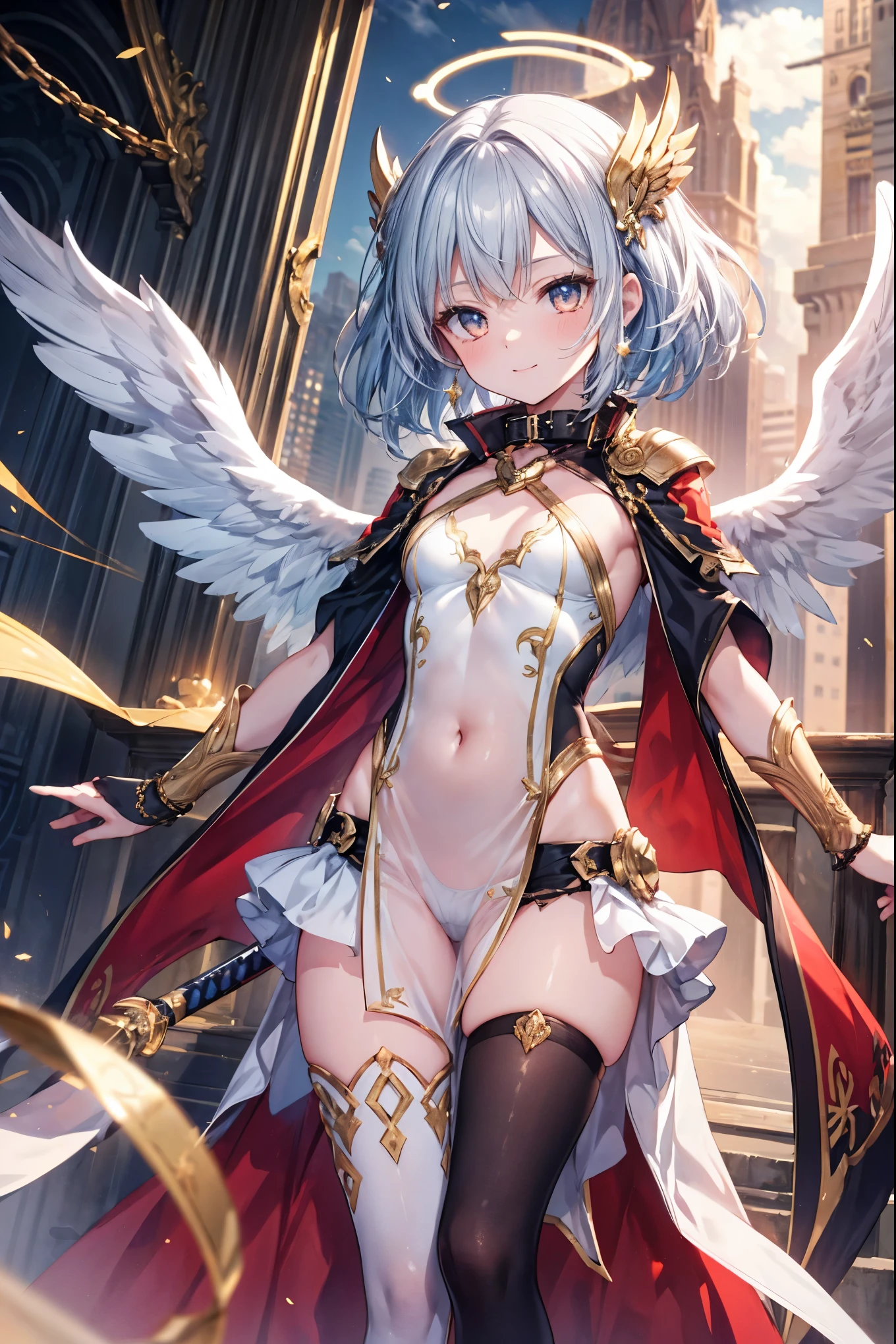 fantasy, 1angel_girl,young_teen, ,silver_hair, short_hair, long_bangs, halo,bare_shoulder,thighhighs,silver_armor, waist_armor, large_breasts,sleepy,half_eyes,1pair_wings, dynamic_pose_fighting,floating, bare_crotch, headgear,gauntlet, greaves,city_background,slightly_spread_legs, solo, groin_naked,