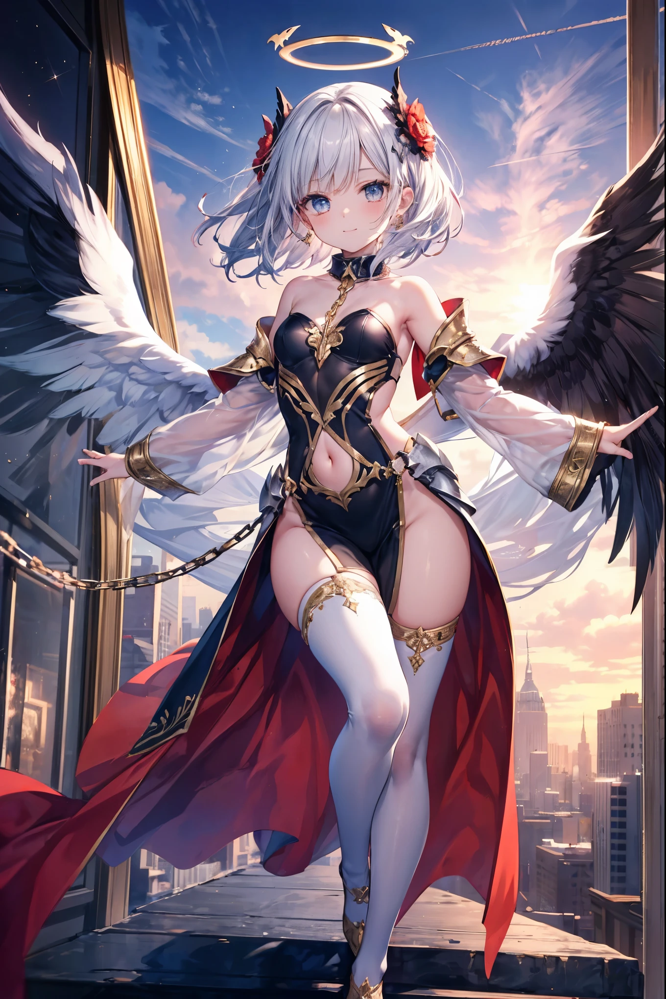 4K,hight resolution,One Woman,White hair,Shorthair,Red Eyes,Colossal tits,valkyrie,black holy armor,Winged headgear,jewel decorations,Gold decoration,spear,Temple in the Sky,Sunset sky