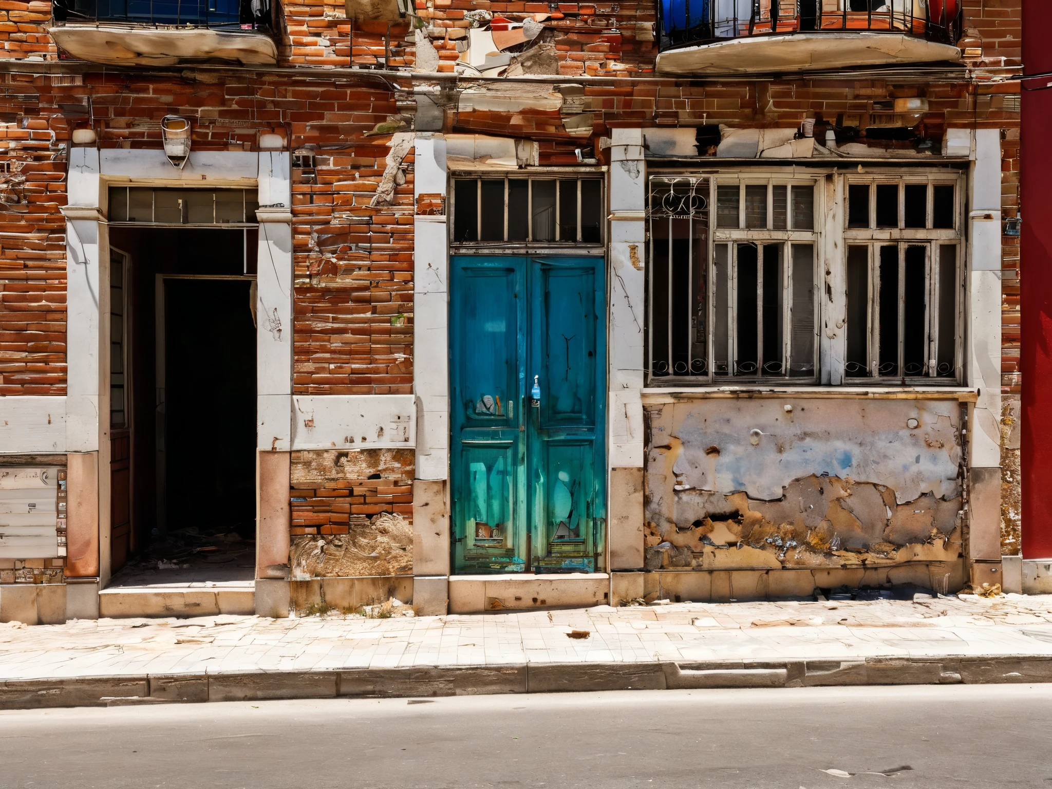 the portal of a dirty and dilapidated block of red brick houses with chipped and painted walls on a very dirty and deteriorated street in a suburb of Madrid on a hot summer day