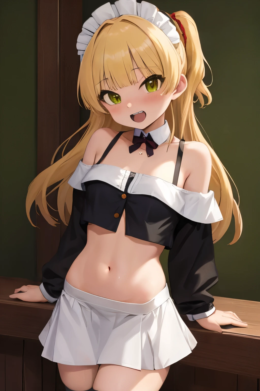 NSFW,masterpiece, best quality, high resolution, very detailed,Rika Jogasaki、 long hair、 blonde hair、 green eyes、 small breasts 、tooth, maid clothes, Crop Top , off shoulder, micro mini skirt