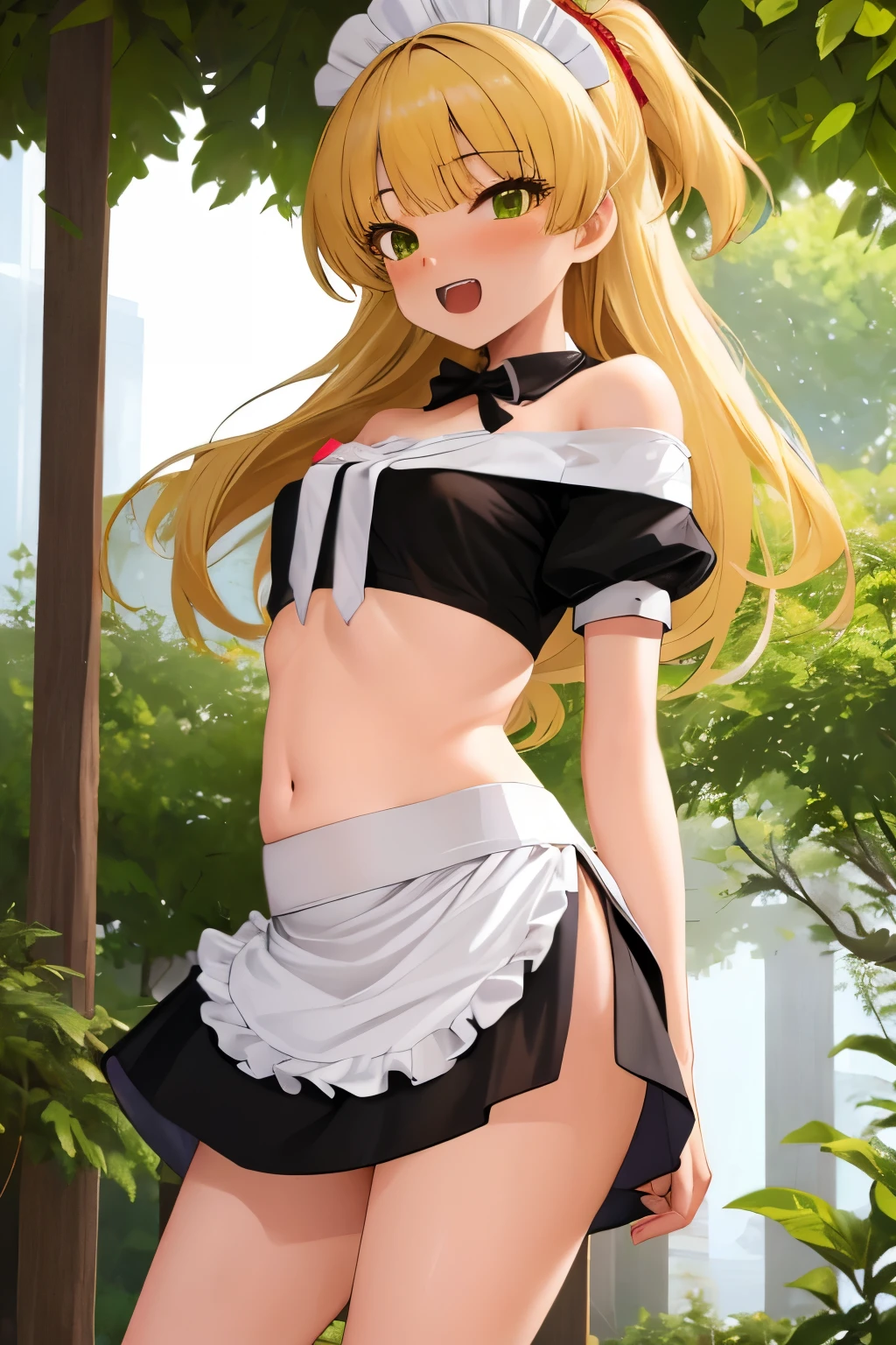 NSFW,masterpiece, best quality, high resolution, very detailed,Rika Jogasaki、 long hair、 blonde hair、 green eyes、 small breasts 、tooth, maid clothes, Crop Top , off shoulder, micro mini skirt