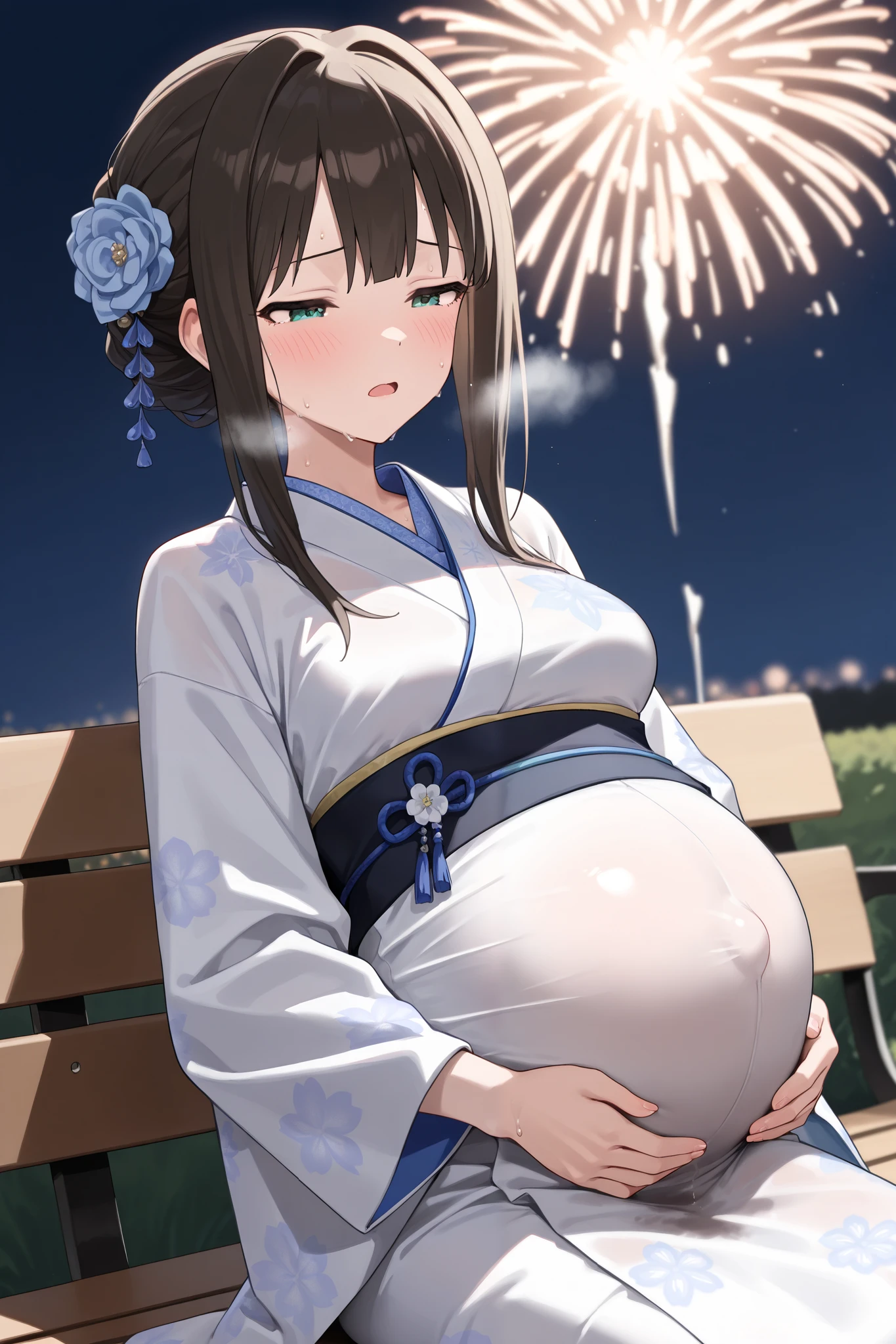 (Best quality, 4k, 8k, high resolution, masterpiece:1.2), ultra detailed, intricate details,SOLO,beautiful girl, alone, colorfull kimono, middle hair, black hair, blunt bangs,green eyes, small-medium breasts, blush, perfect smooth skin, looking at firework, half closed eyes,head tilted, (Pregnant:1.1), Rin Shibuya, Idolmaster, (painful_expression:1.0), winced in pain, open mouth, heavy breathing, birth pain, (sweating:1.0), at the field on a bench, 