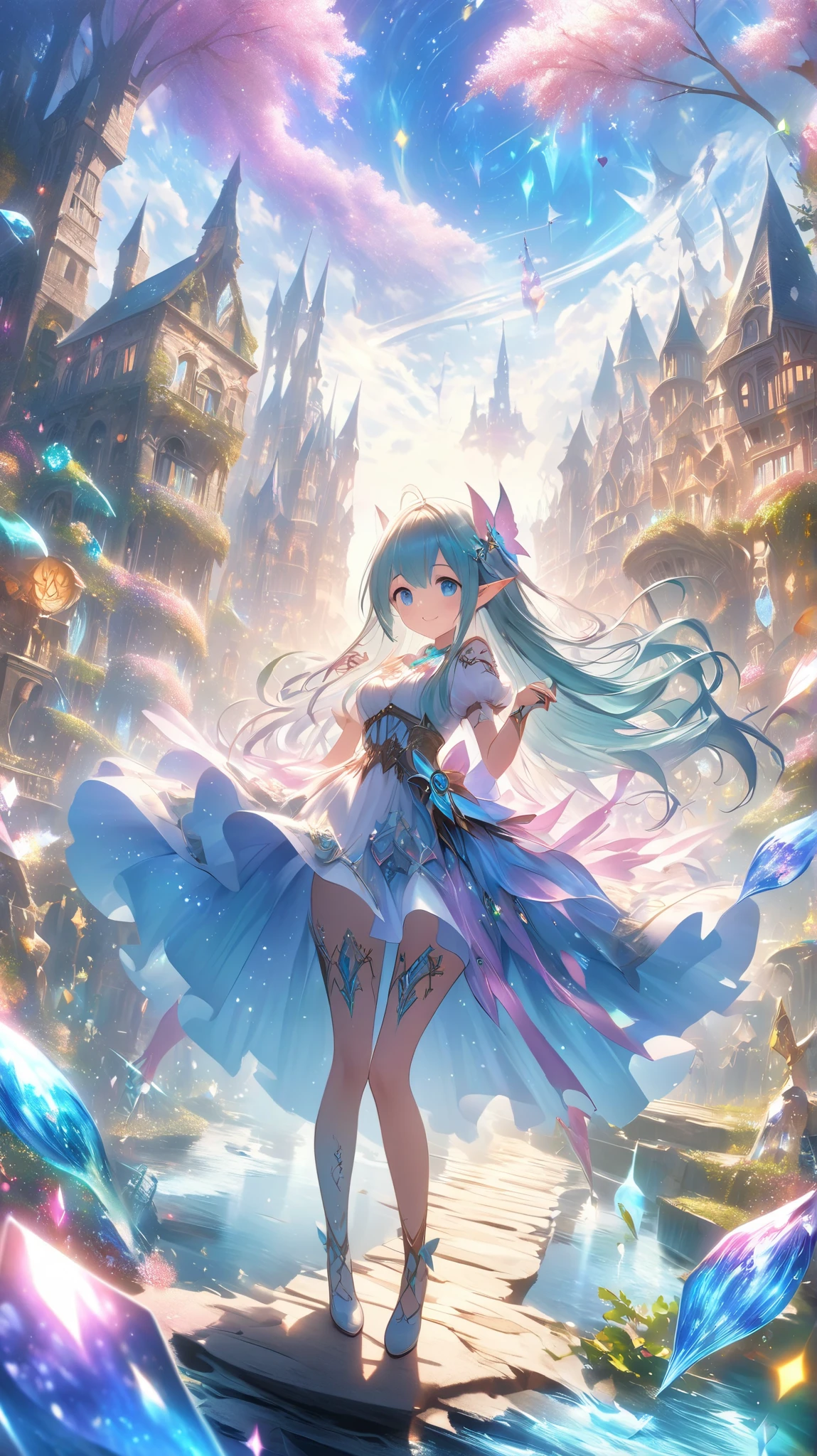 Highest quality、masterpiece、Very detailed、Finely detailed、High resolution、8k wallpaper、Fine and beautiful eyes、Three Girls（Red Haired Girl、Blue Hair Girl、Green-haired girl）、Fantasy、god々A beautiful castle is in the background.、Countless firefly-like lights are flying