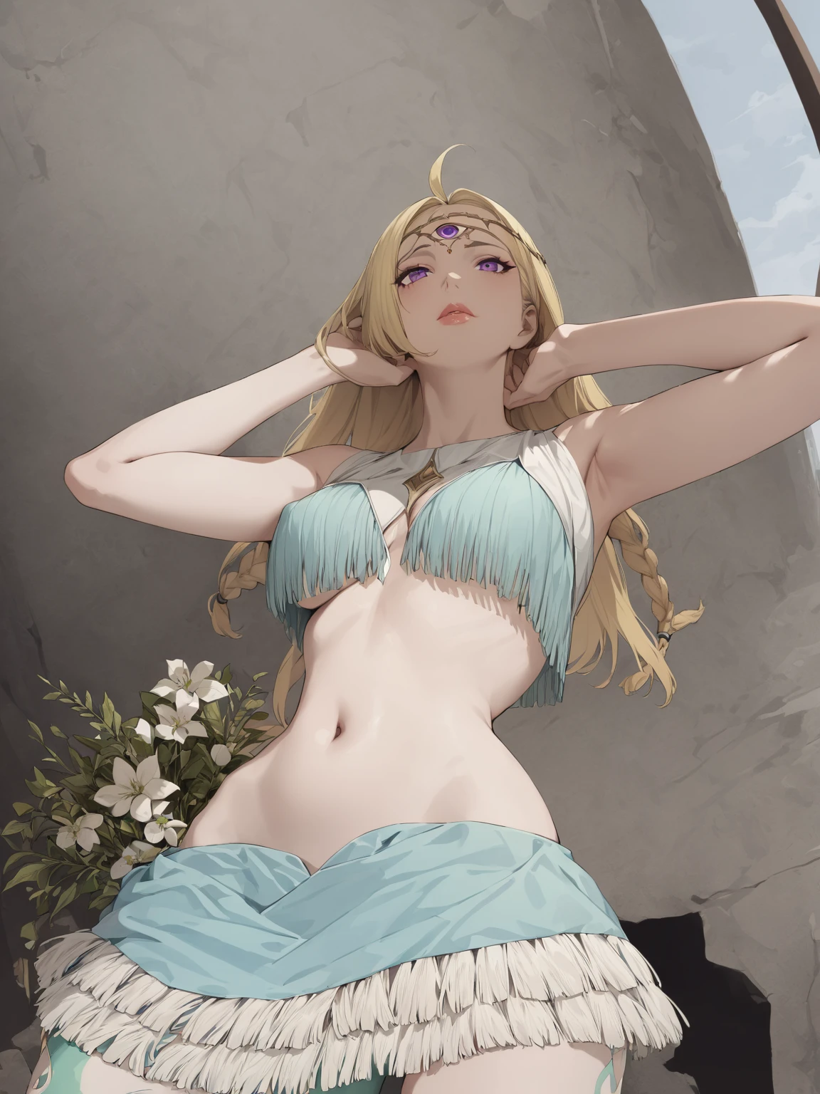 Line art of an alluring tropical Waifu Hippy woman with bushy blonde hair with a flower in her hair, full body shot