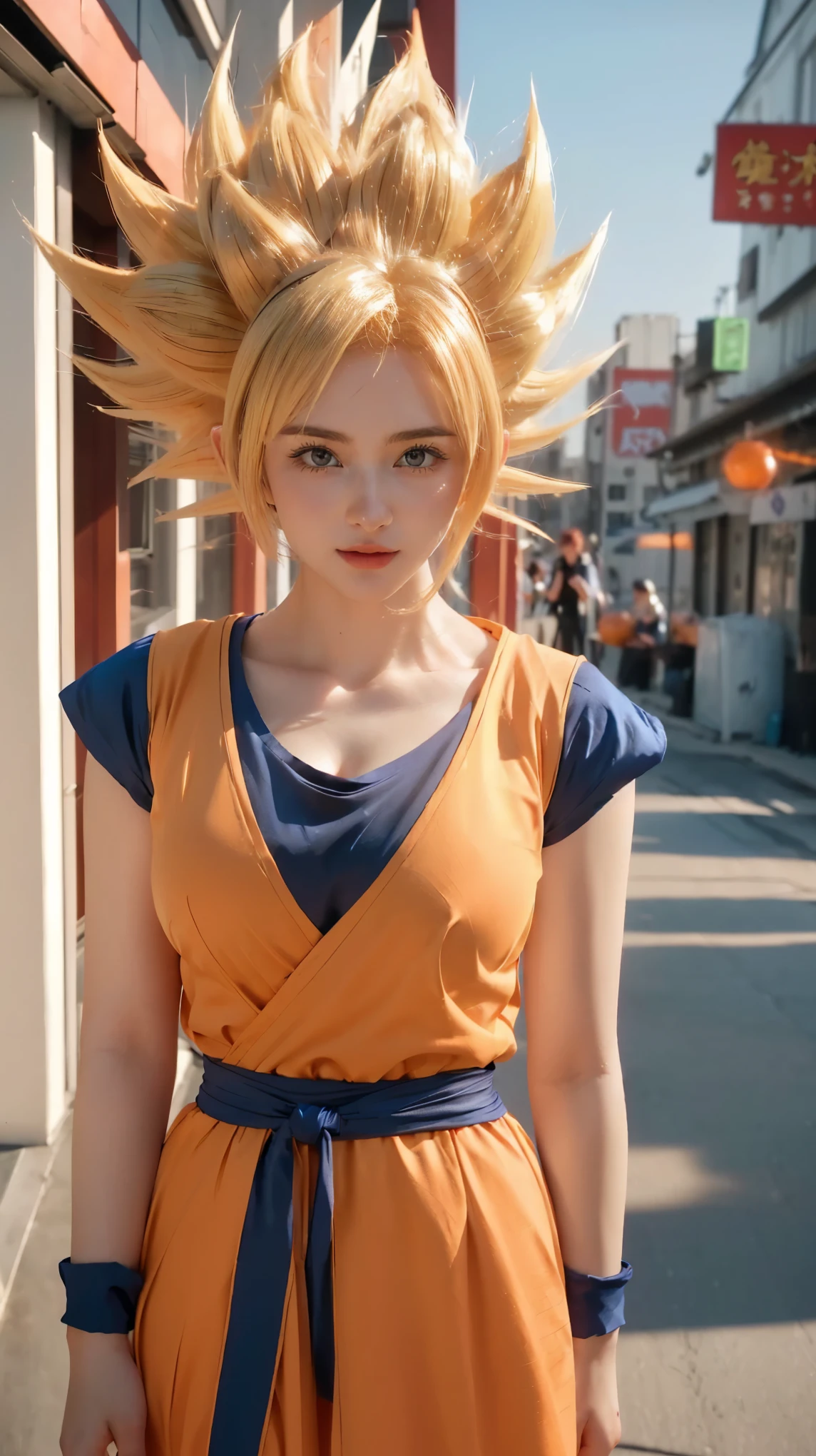 a close up of a woman in a dress with a dragon on her head, big breasts, firm breasts, thin lips, shiny lips, sexy body, russian , blue eyes, saiyan girl, female goku, anime girl in real life, anime cosplay, character dragonball, anime girl cosplay, full-cosplay, hyper realistic, realistic style, professional cosplay, human goku, photorealistic human goku, realistic cosplay, goku from dragon ball. soft lighting (((professional))), realistic.