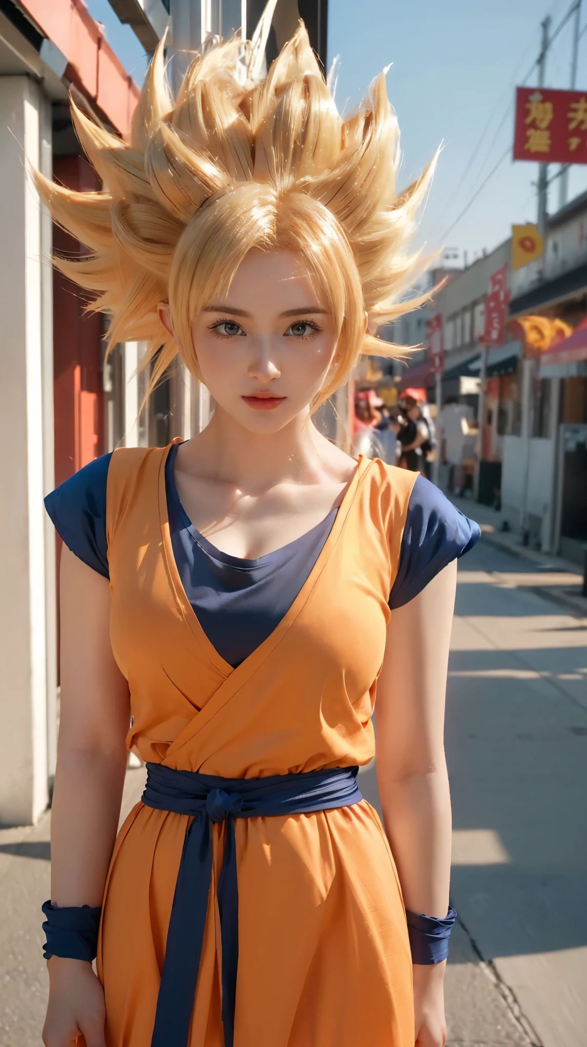 a close up of a woman in a dress with a dragon on her head, big breasts, firm breasts, thin lips, shiny lips, sexy body, russian , blue eyes, saiyan girl, female goku, anime girl in real life, anime cosplay, character dragonball, anime girl cosplay, full-cosplay, hyper realistic, realistic style, professional cosplay, human goku, photorealistic human goku, realistic cosplay, goku from dragon ball. soft lighting (((professional))), realistic.