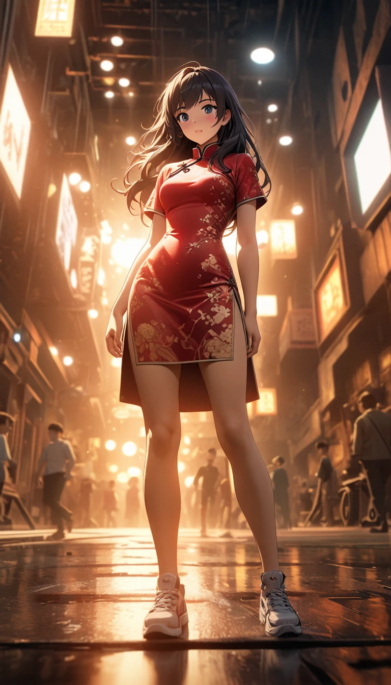 Highest quality,Highest Resolution,Beautiful girl in cheongsam,Walk through the downtown area at night,Bun Hair,
