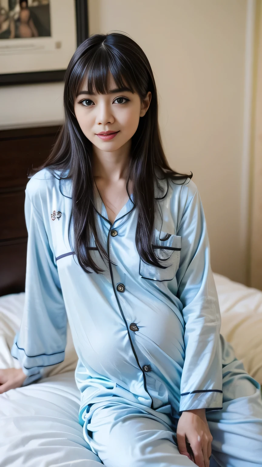 1 girl, alone focus,  (middle beast,front open pajamas:1.5), ( long hair,bangs :1.5), skiny pants,highly detailed eyes, (white skin:1.1), highest quality, Super detailed ,on the bed,pregnant woman