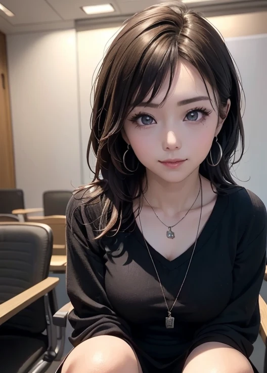 Beautiful Asian girl with fair skin, long silver hair, light, slightly red eyes, office clothes, heart shaped onyx necklace, in an office with parquet floor, a simple green armchair and another orange one with a small circular table between them, the girl is sitting in the green armchair and taking a selfie with a smile on the corner of her mouth
