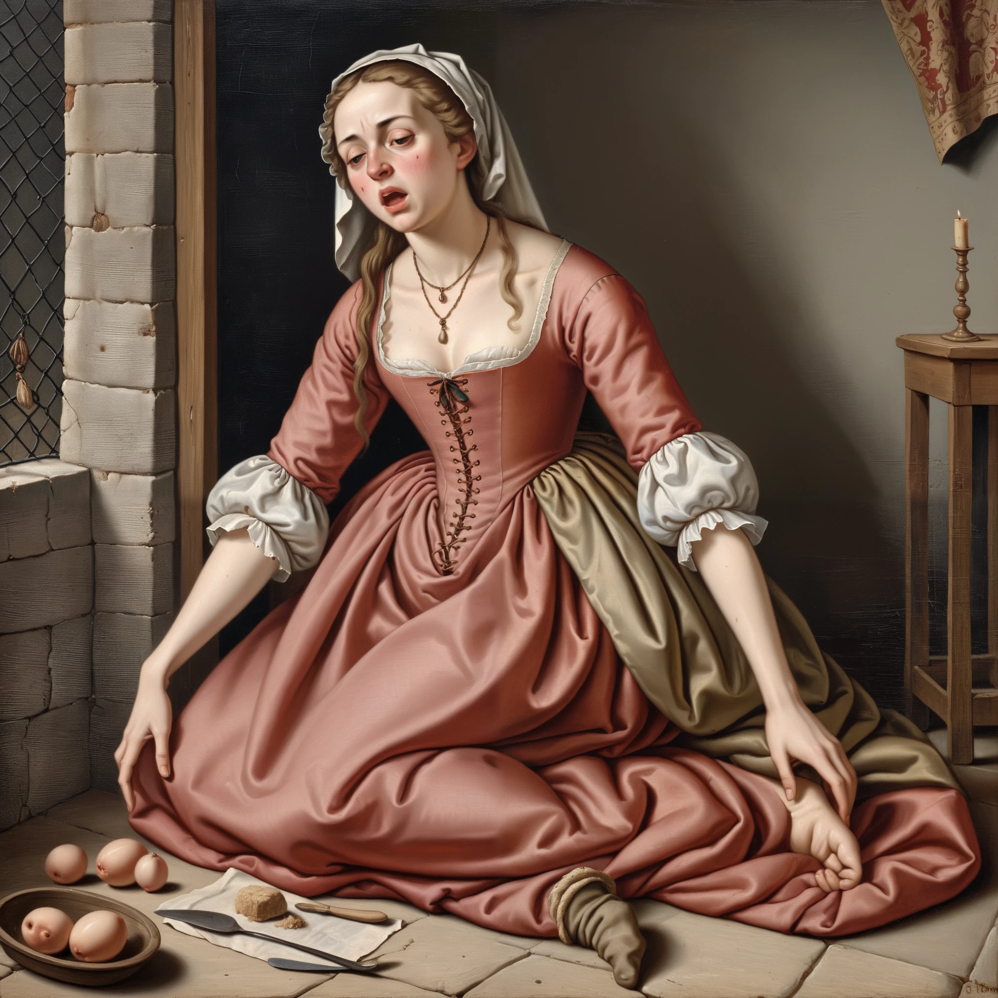Medieval material style, hyperrealism, 1700s, indoor,France,Thin Woman, expression of pain