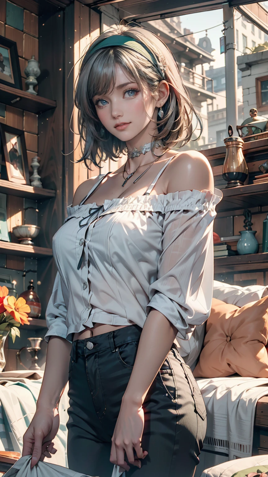24-year-old female、Pixie Cutヘア((Pixie Cut))、hair band((Hair Ribbon))、Sexy proportions、Black Hair、iris、Long eyelashes、Wear a black one-shoulder top、can&#39;You can&#39;t see my belly button、Wear a mini pleated skirt with frills、Handbags Shoulder bags、European cityscape、Cobblestones、Decorative street lights、Art Nouveau metal frame bench、Wearing high heels