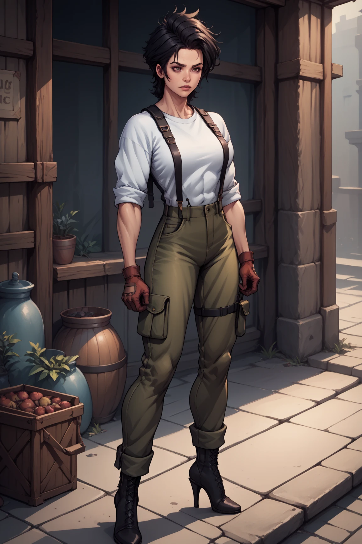 Adult woman, with a tall stature, long black hair, arms with well-defined muscles, well-defined legs, wearing cargo pants, a shirt with rolled-up sleeves, gloves with the fingertips exposed, suspenders, and short-heeled boots. Front-facing image, full body.