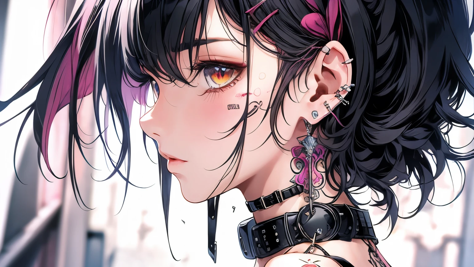 Pretty anime girl with smeared mascara from crying on a call with a retro cell phone, white background with focus on his face