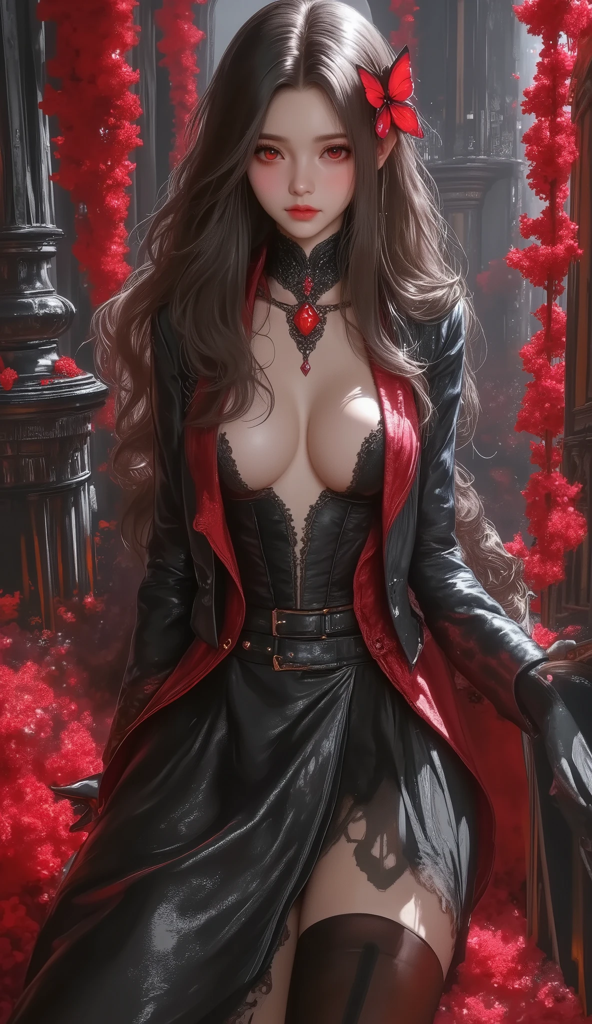 expressionless,,(dark fantasy),(( wonderful illustration )),(Detail Splash), long dark hair, Red Eyes, girl , Pure black dress, Collar only, The cuffs and skirt are dark red , The red butterfly hair clip is fixed on the side, Masterpiece, 最 High Quality , High Quality , Headpiece ,, red and black crystal necklace , Black Knee High Socks