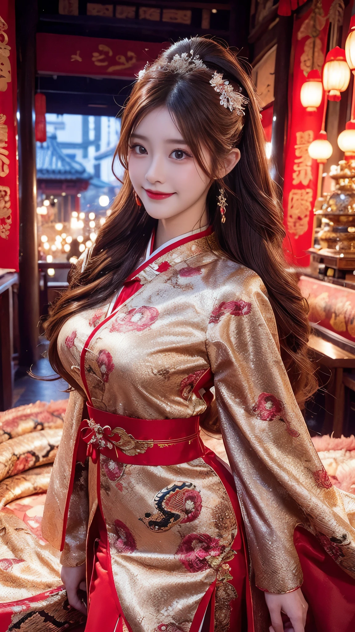 (Ultra-realistic 8k CG: 1.2), perfect work of art, Exquisite pattern, intricate details, (an unparalleled masterpiece, highest quality: 1.2), (very complicated: 1.2), a woman in a red and gold dress, phoenix crown, hair stick, (sitting on a red bed), cosmetics, red面, shy, black_hair, look down, cosmeticss, (Forehead points), (2 red candles), Chinese_clothing, curtain, earrings, hair_decoration,Hanfu, internal, jewelry, red nails, length_sleeve, red dress, red lips, tassel, (red quilt), (red palace: 1.2), (ancient Chinese architecture), (red: 1.8), night、Satomi Ishihara