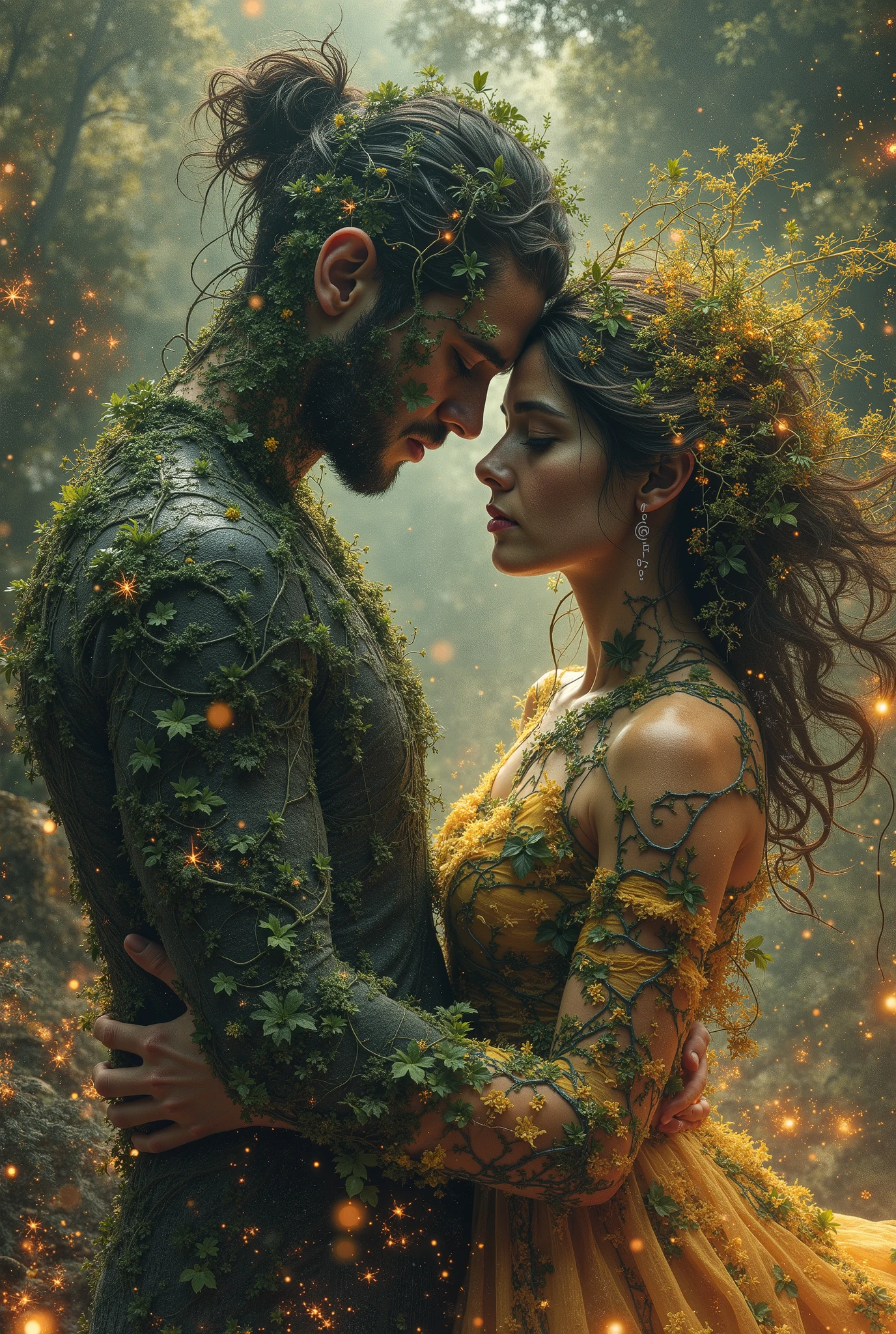 Hypermaximalist, a masterpiece, abstract, punk collage, urbanpunk, random textures, graffiti strokes, surreal artwork, impermanence moody, digital illustration, ink splash art ethereal portrait of a man and woman hugged full body, (mathematical vegetation patterns:1.3), flowing merging with plants, intricate fractal patterns, (organic transformation:1.2), mystical forest environment, dramatic moody lighting, (hair transforming into vines:1.4), hyperdetailed plant textures, ethereal atmosphere, sacred geometry in nature, bioluminescent details, emotional depth, love mood, soft ambient lighting, (botanical metamorphosis:1.3), mathematical equations flowing through scene