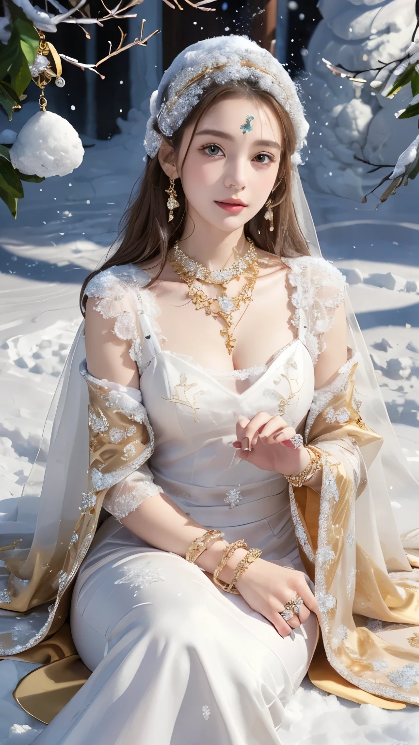 8k, masterpiece, 1 girl, beautiful face, very long hair, light makeup, detailed eyes, detailed lips, small bust, winter dress, golden dress, (wearing jewellery:1.8), (golden lace:1.4), ((snow falling:1.4)), sitting,
