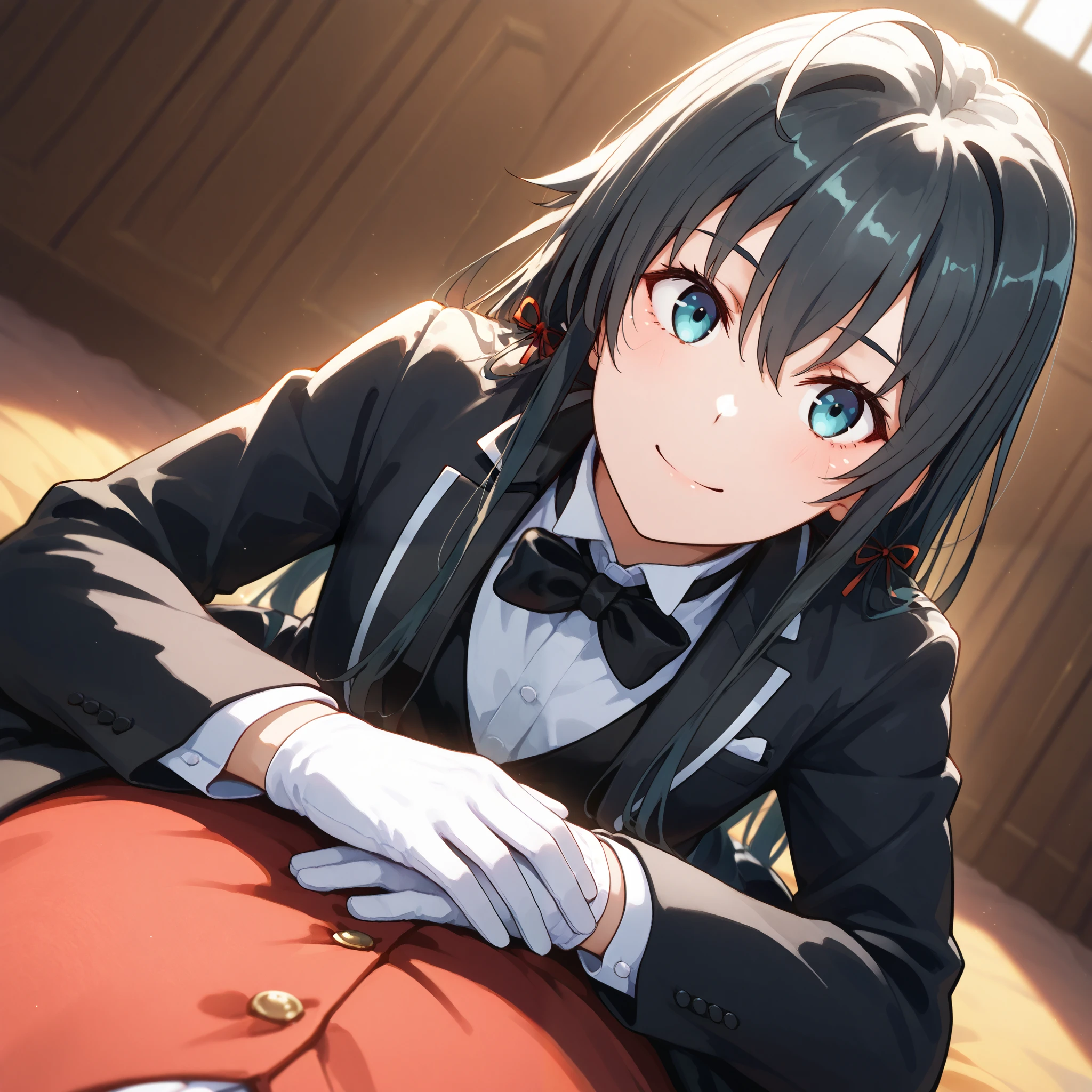 score_9, score_8_up, score_7_up, score_6_up, source_anime, Expressiveh,
Yukinoshita yukino, black Hair, Long Hair, blue Eyes, tuxedo, suit, tailored tailcoat, Gloves,
Pr1nc3ssC@rry, fr0ntC@rry, 1boy, first person, lying on arms, facing viewer, dutch angle, 1girl, smile,