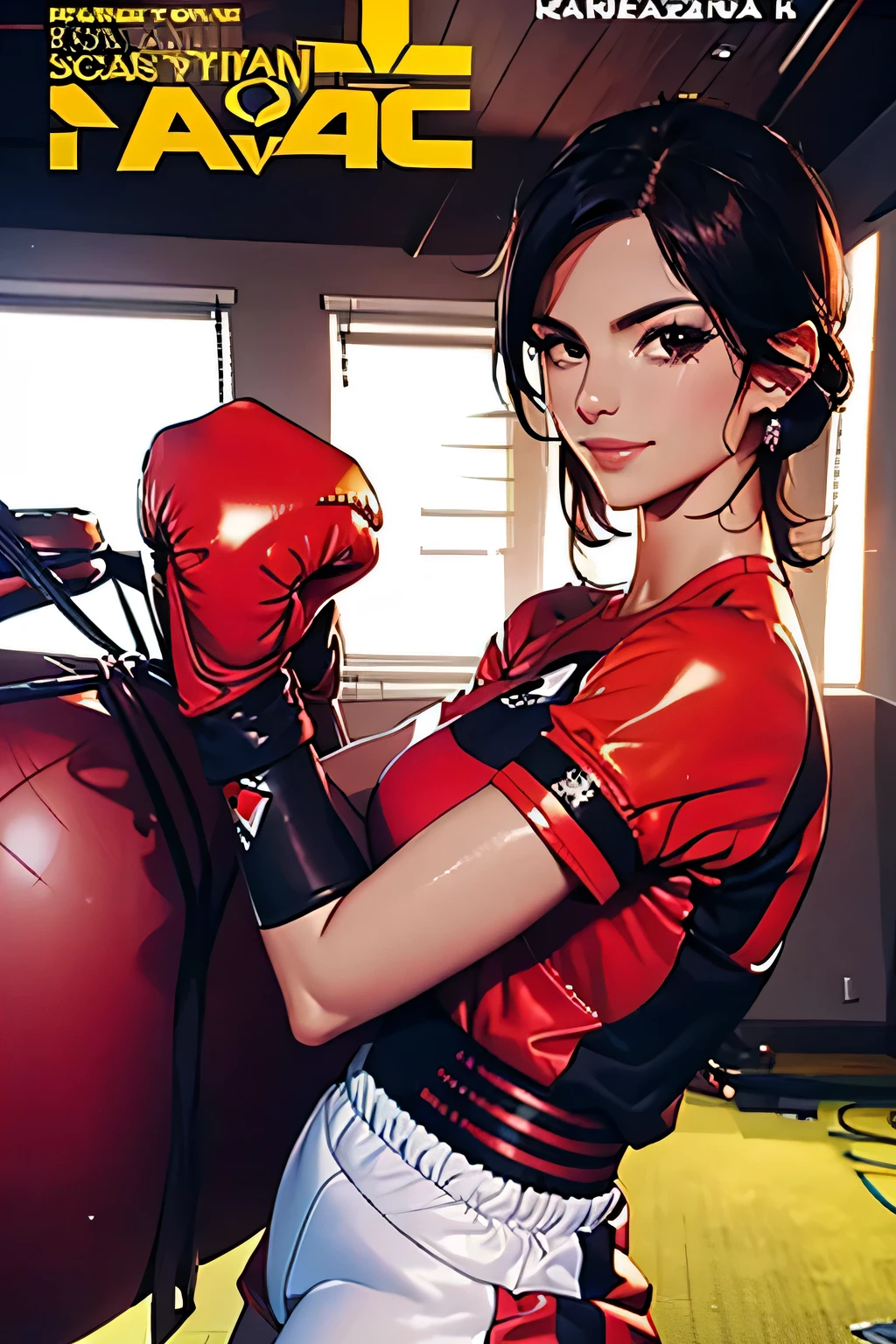 Full-length sports magazine cover photo . Beautiful woman . 28 years old . Romanian . Height 173 centimeters . chest size 4 . black hair . brown eyes . Wearing a training uniform . is training. He is engaged in boxing . she smiles .