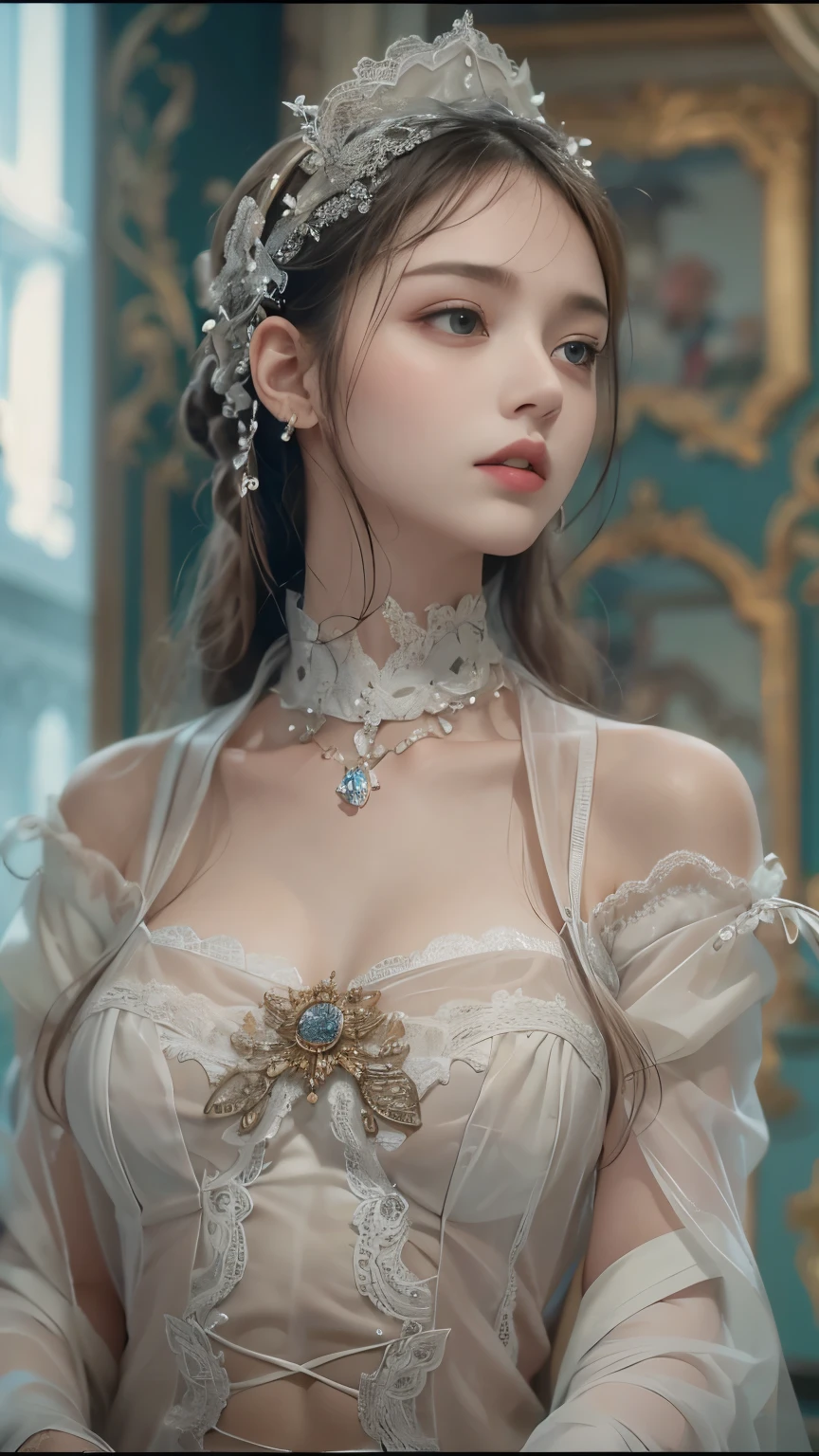 （8k， RAW photos， Best quality， masterpiece：1.2），(facing the audience:1.5),（Realistically， Shoot real：1.4)
，Center，ta clothing，Lace， Iris Gainsborough， Upper part of the body， underwear，Expose bare shoulders， external， ancient castle， high quality， High Detail Skin， Looking at the audience，