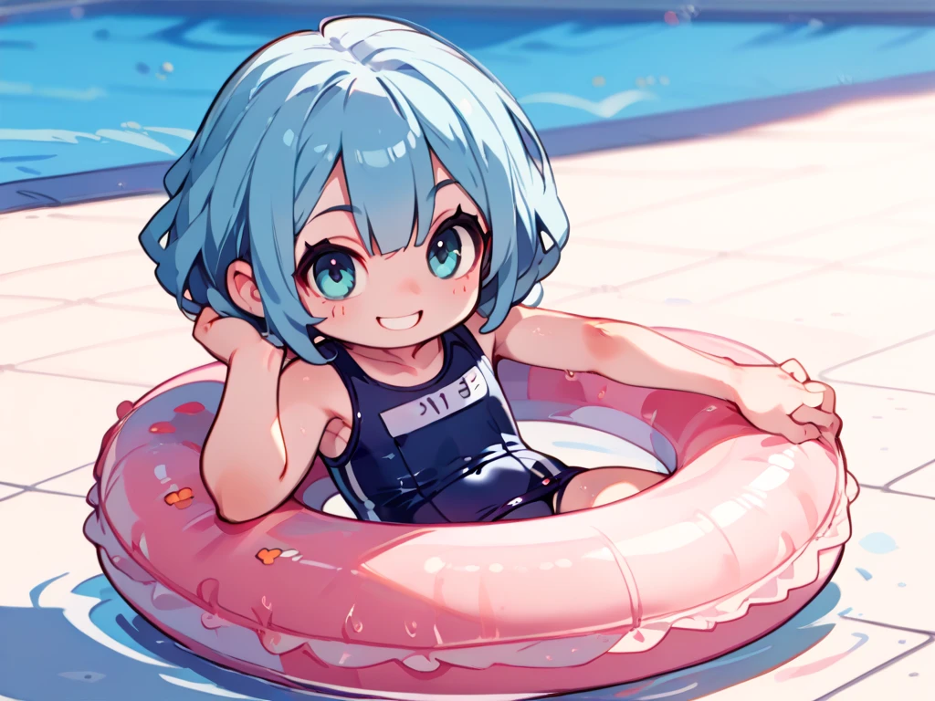 (masterpiece, best quality, highres, absurdres, ultra-detailed:1.3), 1girl ((riding inflatable)), <lora:disgaea_pleinair_v1:0.65>((pleinair, red hair ribbon, white school swimsuit, ribbon, white thighhighs, bare shoulders, blue hair, red eyes)) <lora:harada_takehito_v1:0.35>, (swimming pool, blue sky, white clouds, wet, hot summer day)