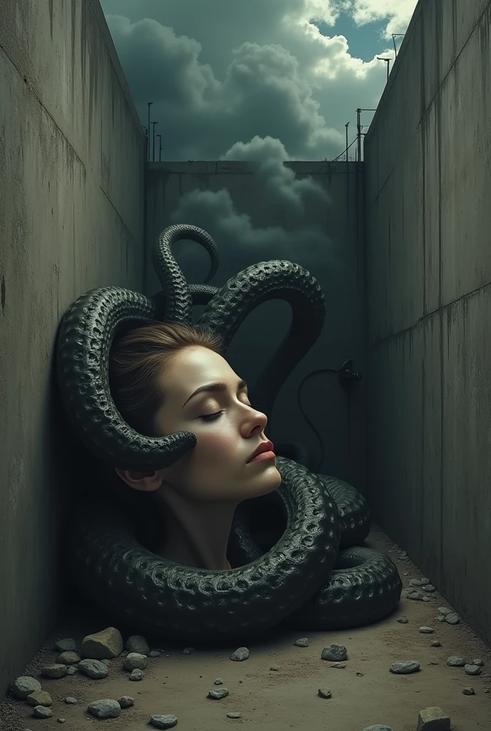 (extremadamente detallado, obra maestra, La mejor calidad), Estilo oscuro, intense illumination, rostro con arrugas, mujer crucificada, tentacle, monstruoso, interior de una piscina de agua verdosa, imagen submarina, alien con Colmillos finos. manchas de tinta. Rococo composition. Luz de caravaggio