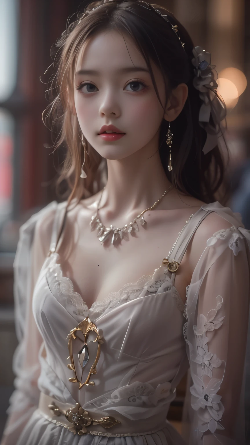 (8k, RAW photos, Best quality, masterpiece:1.2),(Realistically, Shoot real:1.4)
ta clothing,Lace, Iris Gainsborough, Upper part of the body, underwear,Expose bare shoulders, external, ancient castle, high quality, Adobe Lightroom, High Detail Skin, Looking at the audience,