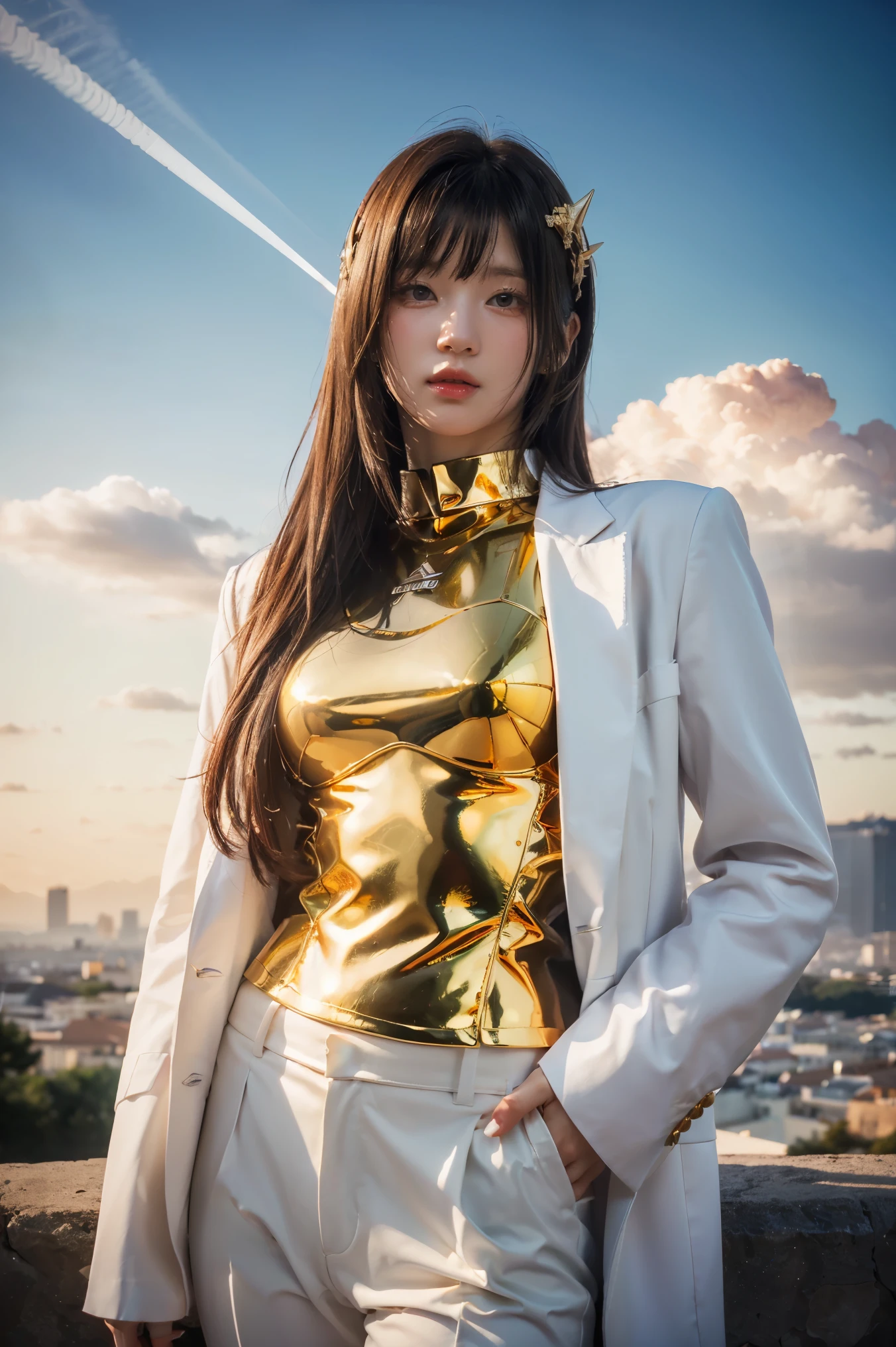 ((masterpiece, best quality, Extremely detailed), Volumetric Lighting, Ambient Occlusion, rich and colorful, Luminescence), 1 Girl, Solitary, Young Girls, (Chestnut bangs), Long hair, Halo, Halo, sacred, goddess, Priesthood, (White suit with gold details:1.3), armor, outdoor, Sunset, Sky, cloud, space, (Fantasy theme:1.2),