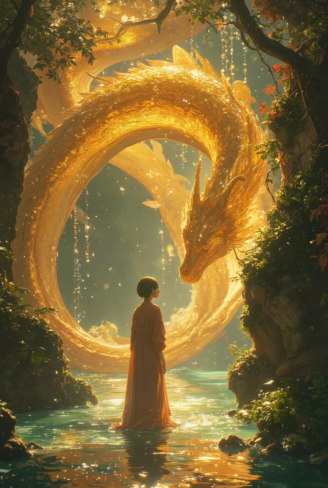 A mystical wizard stands gracefully in the middle of a serene, clear lake, rippling softly around them. The wizard is dressed in a plain, flowing rich pink robe, holding a glowing crystal ball in their hands that radiates a soft golden aura. In front of the wizard, a massive, ethereal golden serpent dragon rises from the water, its scales shimmering with a fiery glow. The dragon exudes power and calm, coiled gracefully as it gazes down at the wizard, creating a deep connection and mutual respect. The lake reflects the golden light emanating from the dragon’s body, blending beautifully with the serene greenish-blue hues of the water. Surrounding the scene are jagged rocks, moss-covered, and distant foliage framing the mystical environment. The golden sunlight bathes the scene, casting an enchanting and dreamlike glow. The composition captures the dynamic balance between the immense dragon and the poised wizard, emphasizing their magical bond.