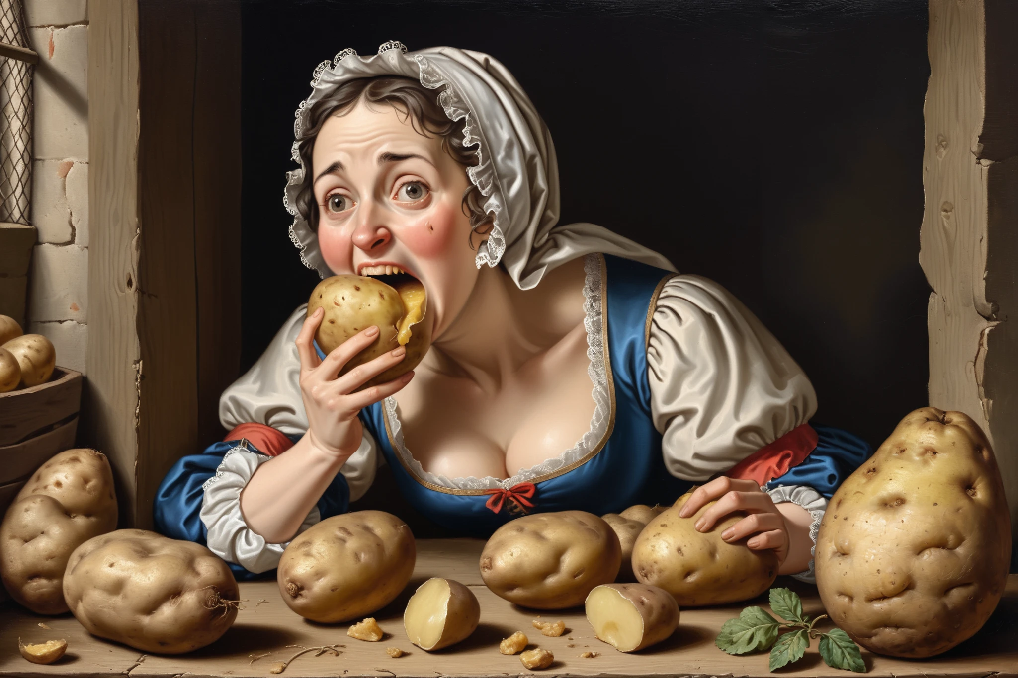 I can see a little magic , Medieval material style, hyperrealism, 1700s, indoor, more details,France,A disgusting woman is gnawing at a potato, only 1 character