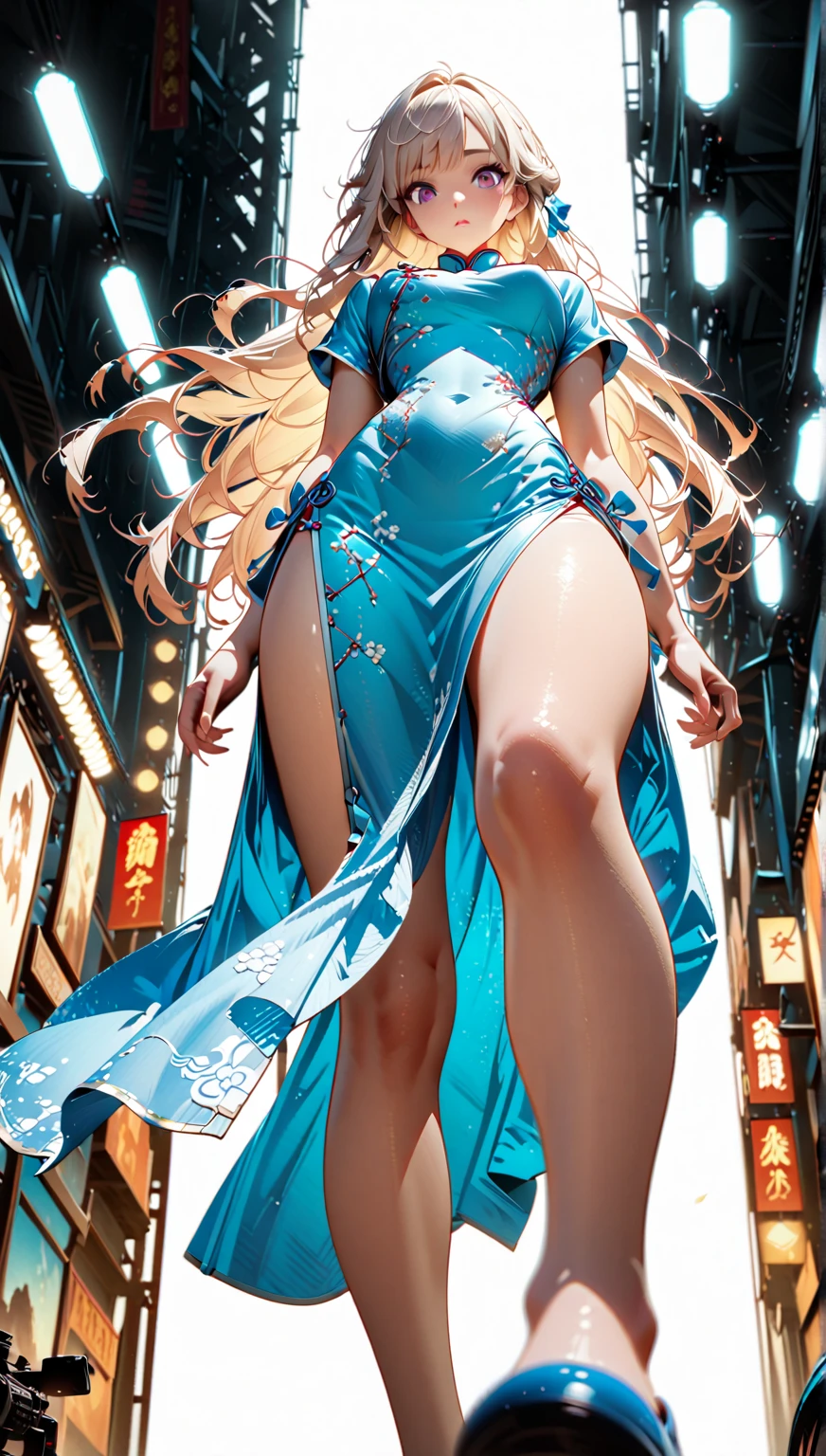 Cheongsam Girl，Long Hair，Pure white background，Depth of written boundary，Low angle view，Calf Level View，Overclocked Renderer，Cinema Lighting，Ultra-fine，Very detailed，complicated，Cinematic Perspective，CG Art，