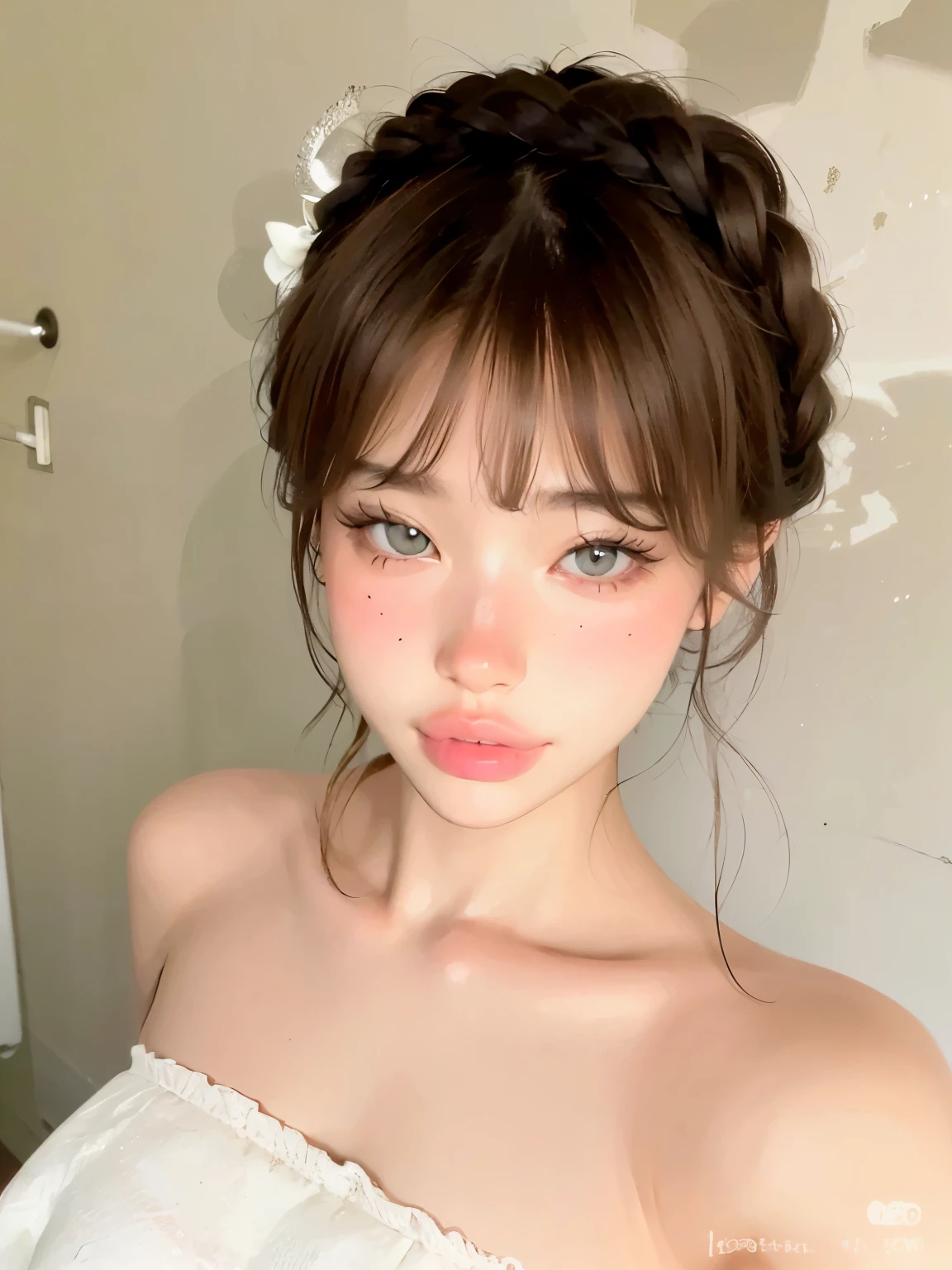 Focus on people。Create and express the best shining composition of the person in a realistic way。((masterpiece))、(((top-quality)))、((ultra-detailliert))、(A hyper-realistic)、(highly detailed CGillustration)、(extremely delicate and beautiful)、Girl a masterpiece、top-quality、Realistic skin feeling、Realistic fabric、We will introduce a realist illustration focusing on the center front of girls with realistic and ultra-detailed eyes.。This is the absolute rule, and the following sentence expresses the image quality。 The greatest painter in human history meets an unparalleled beauty、It is the greatest masterpiece in the history of the Inuiku Ichigo, which depicts the most beautiful figure of a lifetime.。 Create stunning anime artwork that is currently trending on seaStation、Introducing exquisite beauty and seductive aesthetics。Hair is tied up、Blue pesant dress with detailed floral embroidery、NOWAI
