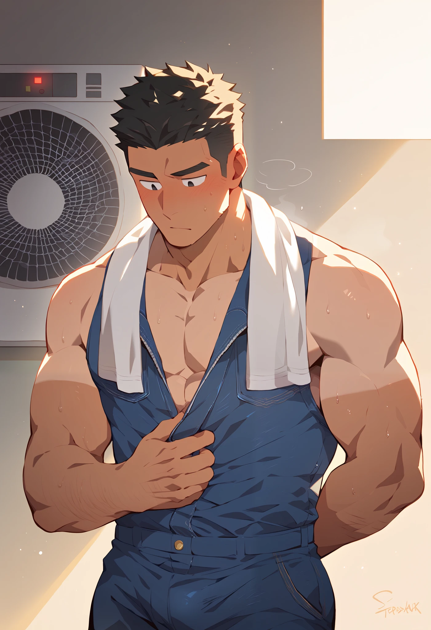 one man, handsome, Muscular, tan line, black hair , Blusher , black eye, Crew cut, Repairman, Take off your top, denim jumpsuit, sweaty, I'm wearing a towel around my neck, behind my back , Steaming , underarm hair, huge erected under clothes, The air conditioner is being fixed, I'm holding a tool , puzzled expression, looking down , very, Indoor, I'm on a chair , masterpiece, VERY DETAILED , Exquisite details , detailed background