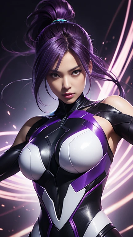 (masterpiece), best quality, expressive eyes, perfect face, shiny clothes, elbow gloves, bare shoulders, long hair, green eyes, sleeveless, hair between eyes, purple bodysuit, bangs, solo, skin tight, breasts, 1girl, impossible bodysuit, mature female, shiny, huge breasts, purple gloves, asagi, fishnets, asagioutfit, blue hair