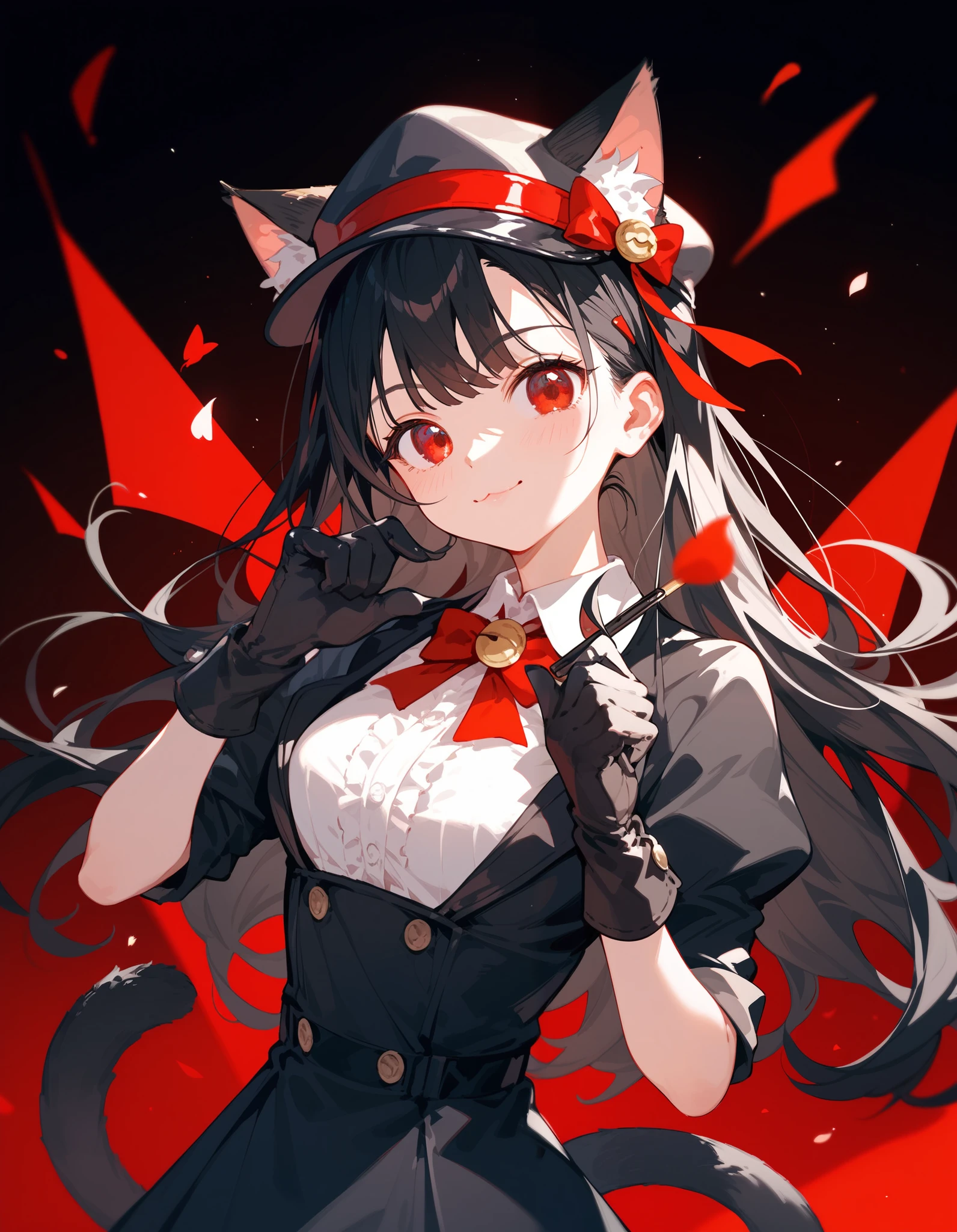 girl, black hair, in red eyes ,girlหูแมว, long hair on one side,detective, cute,Has cat ears, has a tail ,Put on black padded gloves