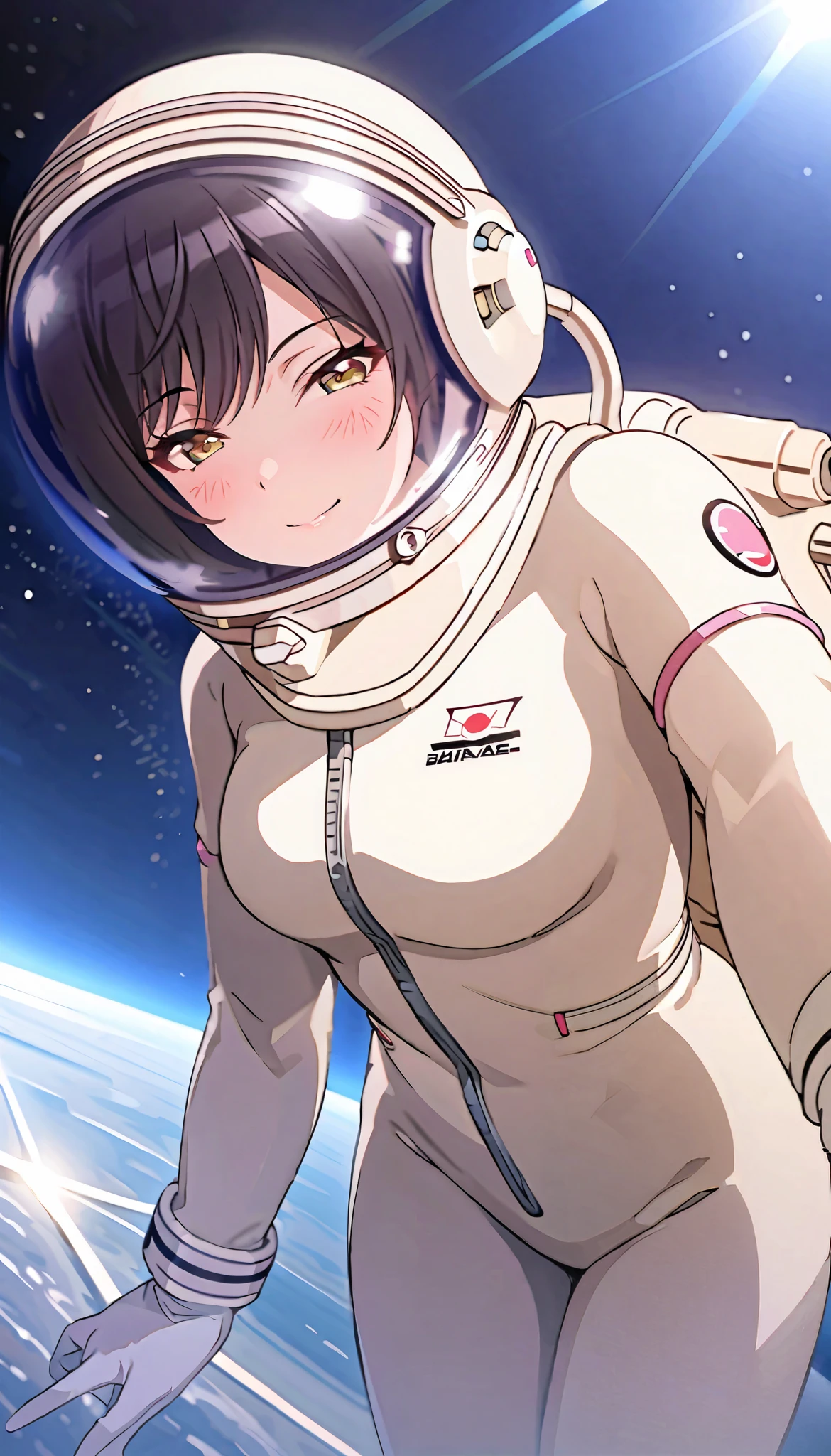 (spacesuit:1.15), white cargo pants, astronaut)bub ble helmet, space helmet, white gloves, smile, half closed eyes, blush, low-angle view , underneath, outer space, alone, masterpiece, best quality, 1girl, beautiful, image from down below, solo, ShiraseSakuya, black hair, bangs, yellow eyes, large breasts
