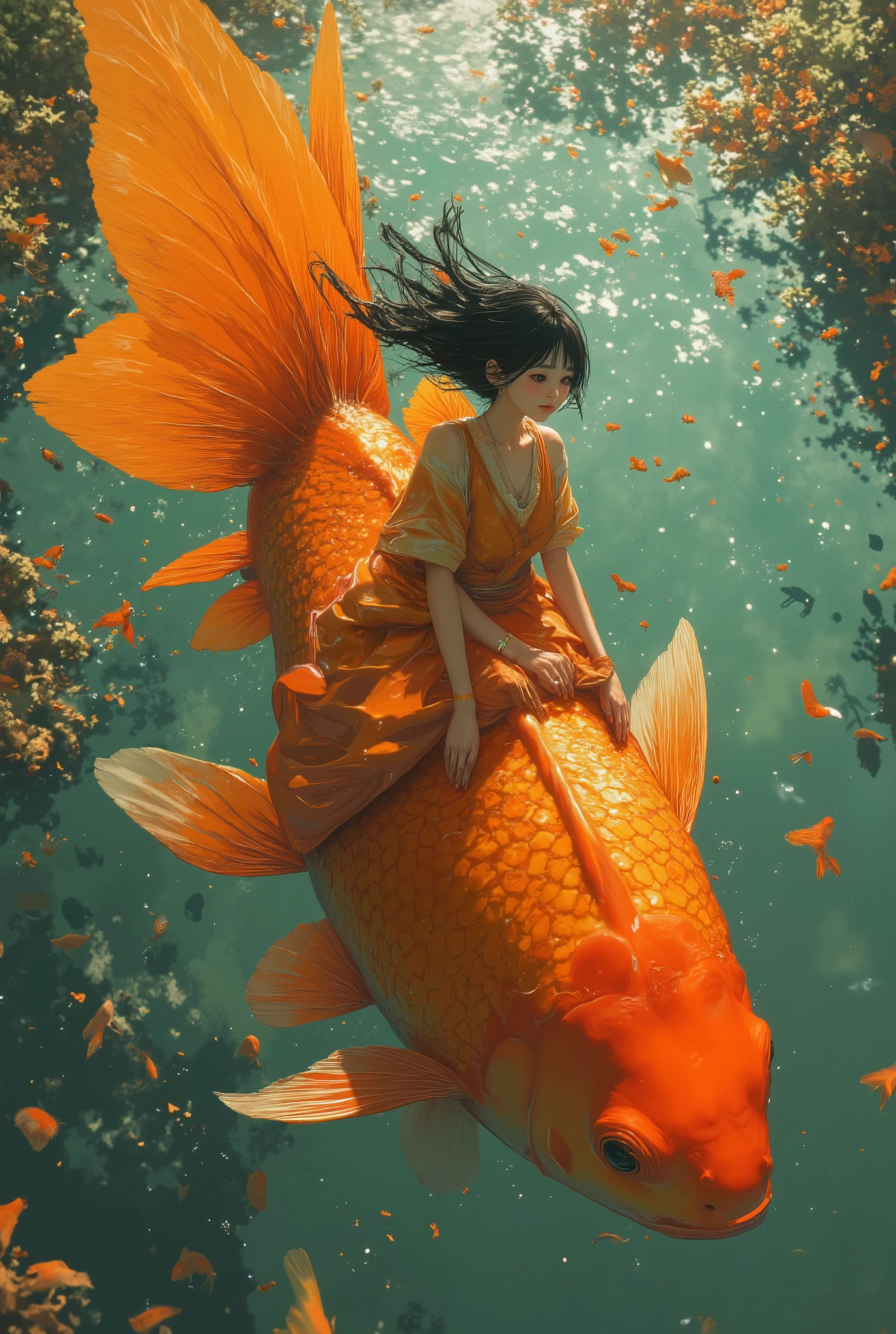 (photorealism:1.2), (photorealism:1.2), (photorealism:1.2), (best quality,4k,8k,highres,masterpiece:1.2),ultra-detailed,(realistic,photorealistic,photo-realistic:1.37),a wizard girl, ride a massive, bold, bright orange Fantail Goldfish with long, double tail, fused along the dorsal edge. ,horror mood. sky view. under land with tree view. .fisheye lens, horror mood