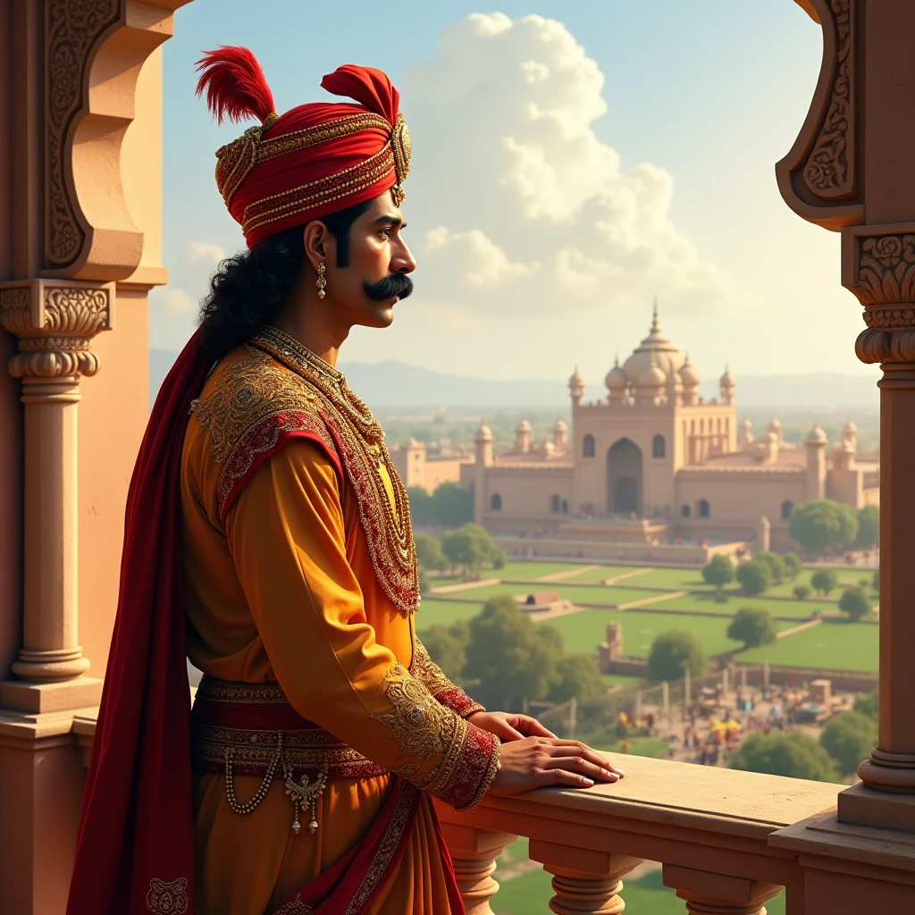 A majestic portrait of Emperor Akbar looking over a modern cityscape from a historical monument, as if watching over the people. The city below should show people of different faiths living and working together in harmony, symbolizing Akbar's enduring legacy. The sky above could have a soft golden hue, representing the inspiration drawn from his vision.
