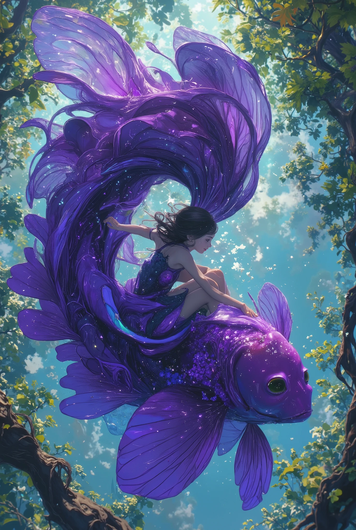 (photorealism:1.2), (photorealism:1.2), (photorealism:1.2), (best quality,4k,8k,highres,masterpiece:1.2),ultra-detailed,(realistic,photorealistic,photo-realistic:1.37),a wizard girl, ride a massive, bold, bright purple Fantail Goldfish with long, double tail, fused along the dorsal edge. ,horror mood. sky view. under land with tree view. .fisheye lens, horror mood