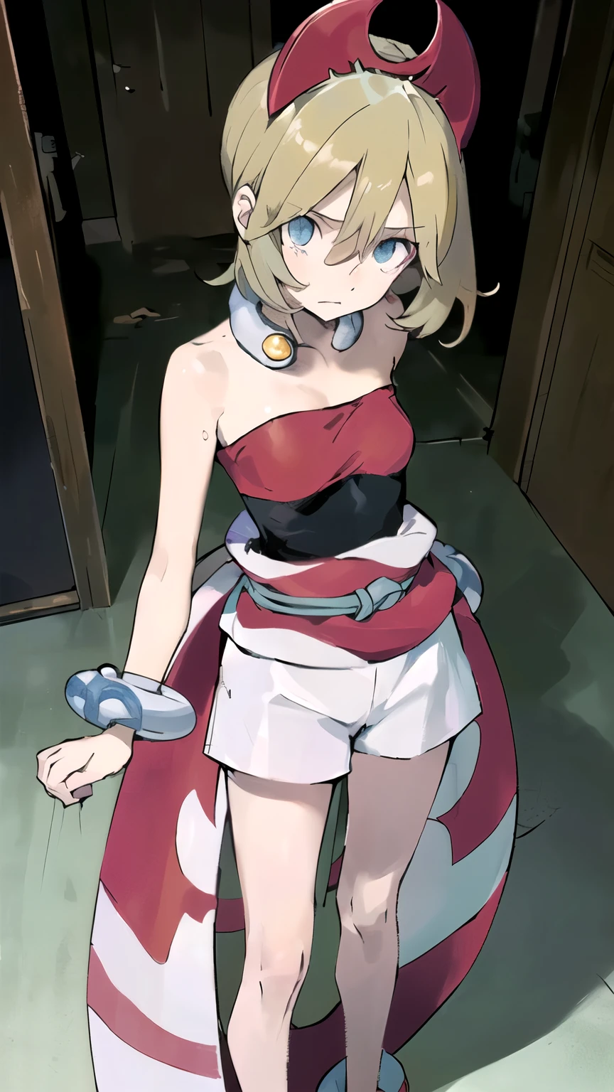 ((masterpiece,best quality)), { Sugimori_Ken_artstyle_LoRA(1.2( : Manga_Style } {horror_edit} {horror_edit : creepy_room_aura} } { :(aairida, short hair, red hairband , perfectly_small shape_breast : perfectly_slender_body } { , neck ring, collar, strapless shirt, red shirt, bracelet, sash, waist cape, white shorts, bare legs } {standing : obedient } { no_emotion : hypnotic_eyes : hypnotized_eyes : lazy_eyes} { sweating } { : dark otaku room : creepy : messy}