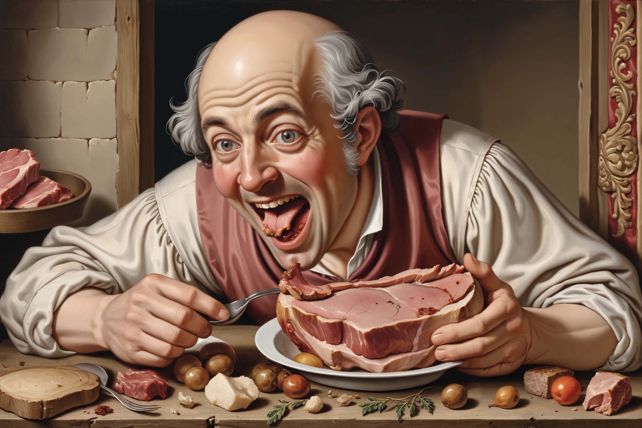 I can see a little magic , Medieval material style, hyperrealism, 1700s, indoor, more details,France,A man who bites a chunk of meat, only 1 character