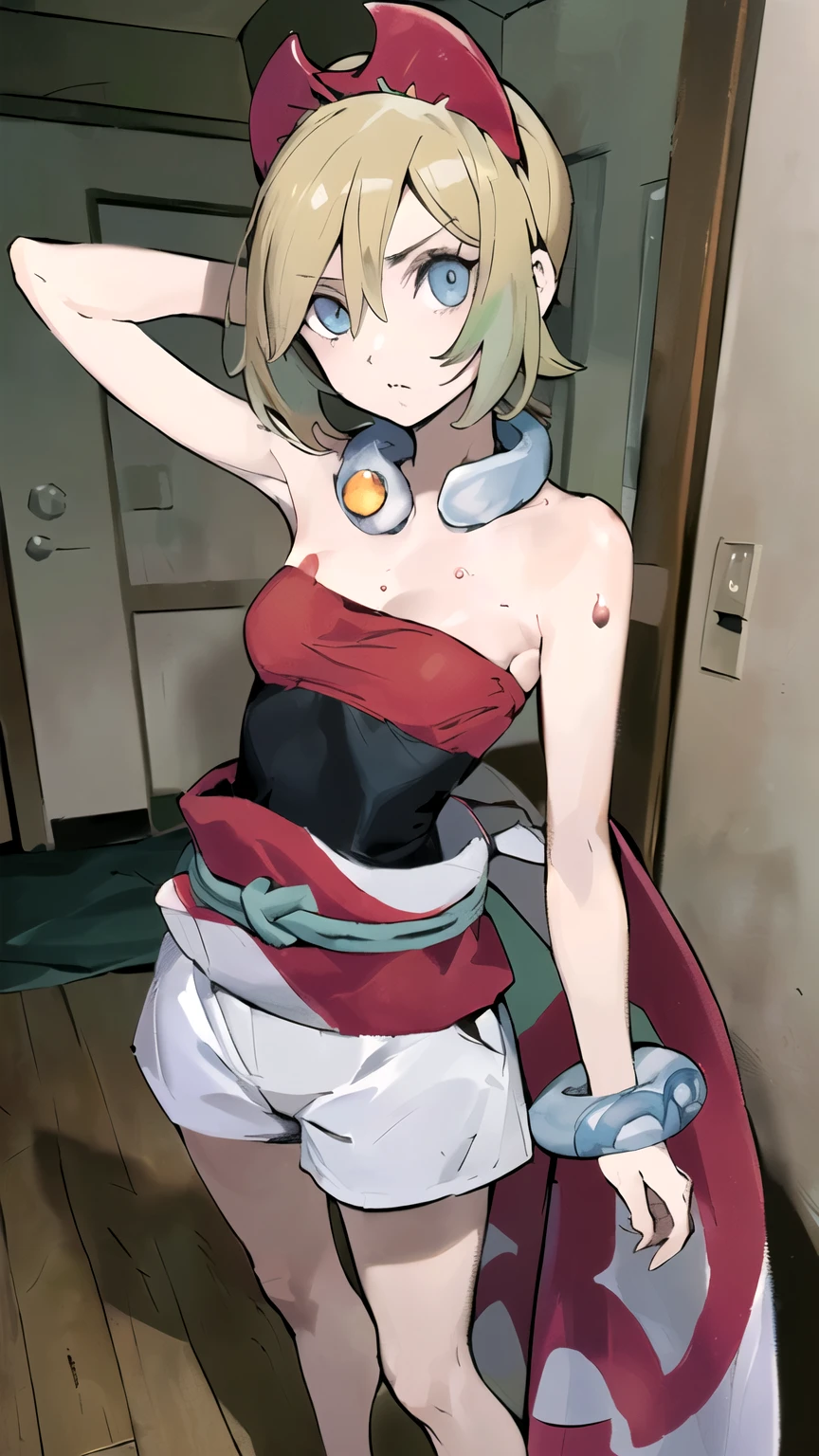 ((masterpiece,best quality)), { Sugimori_Ken_artstyle_LoRA(1.2( : Manga_Style } {horror_edit} {horror_edit : creepy_room_aura} } { :(aairida, short hair, red hairband , perfectly_small shape_breast : perfectly_slender_body } { , neck ring, collar, strapless shirt, red shirt, bracelet, sash, waist cape, white shorts, bare legs } {standing : obedient : arm_behind_head } { no_emotion : hypnotic_eyes : hypnotized_eyes : lazy_eyes} { sweating } { : dark otaku room : creepy : messy}