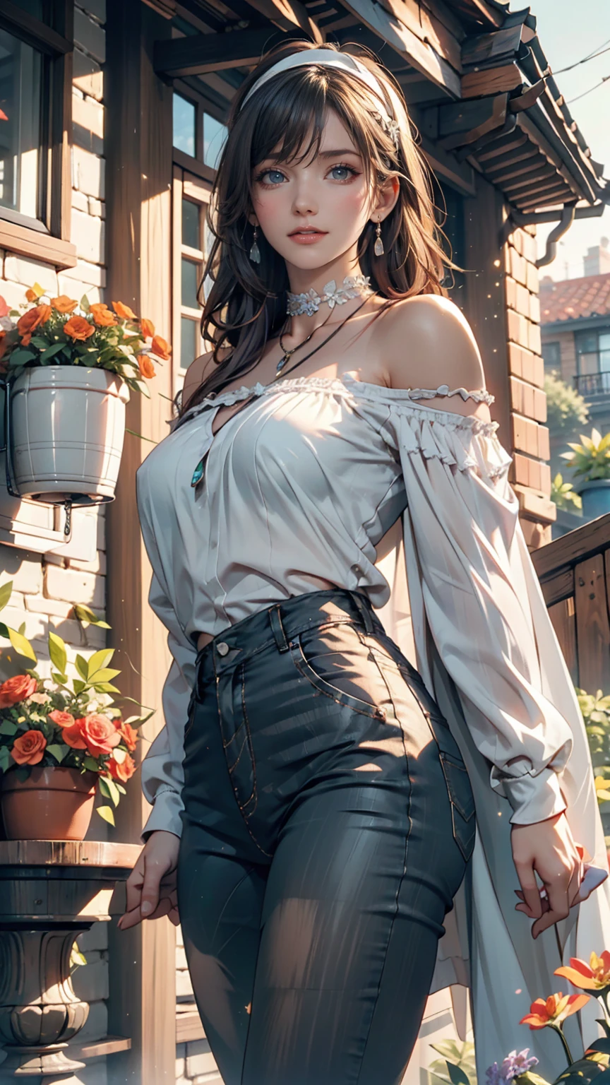 (8K, RAW Photos, Highest quality, masterpiece:1.2), (Realistic, photo-Realistic:1.37)、Earrings, eyelash, pantyhose、セクシーな的なsmile、 (Shiny skin:1.05)、Venus Body、Having her hair done、My chest is popping out、Wear accessories on your wrist、Wearing accessories on the ankle、Background blur((depth of field)、smile、 year old white female、Brunette、blue eyes、Wear a sheer, off-the-shoulder top、I can see my belly button、See-through pantaloons((pantalon))、Wearing Sandals、Place hands on hips