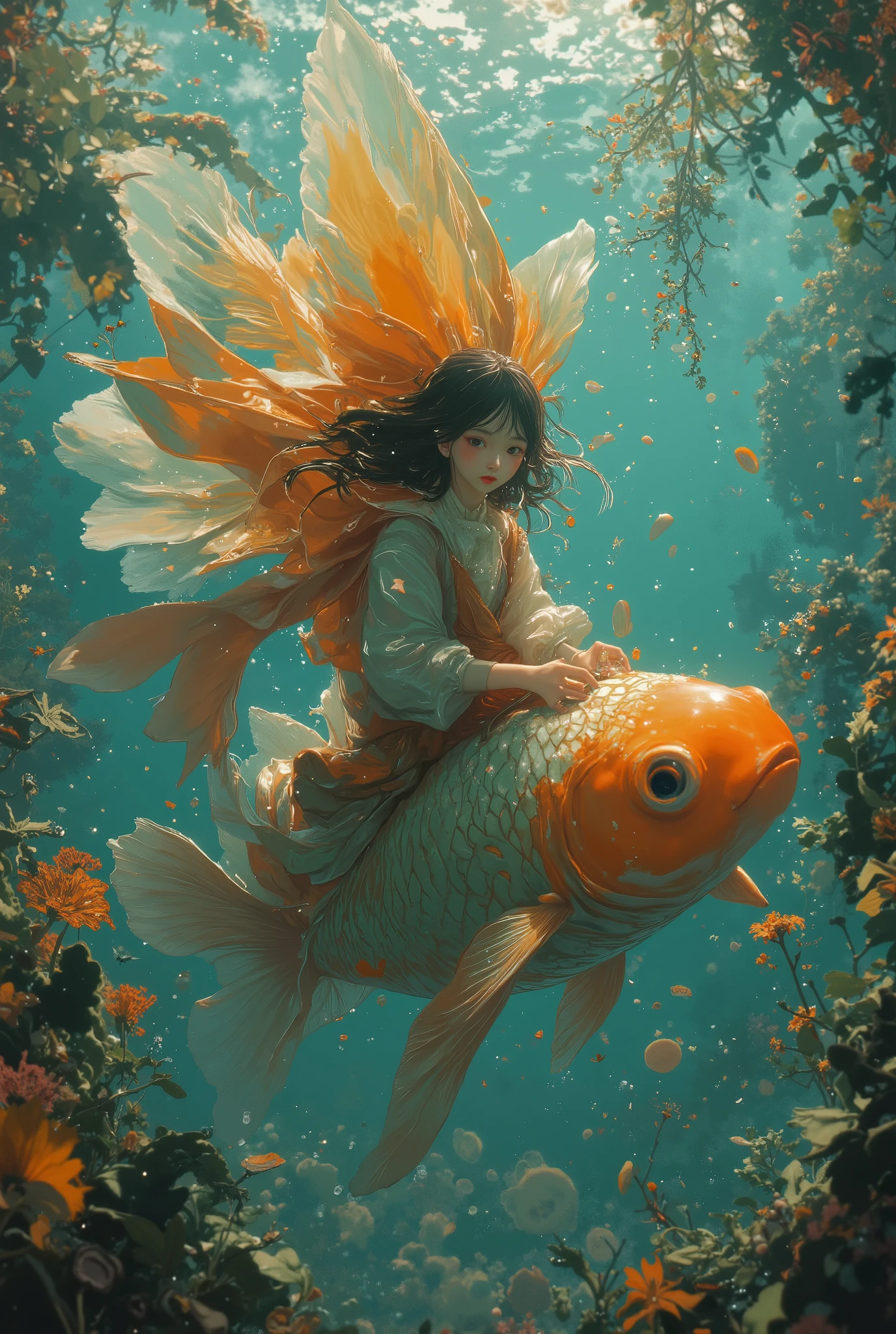 (photorealism:1.2), (photorealism:1.2), (photorealism:1.2), (best quality,4k,8k,highres,masterpiece:1.2),ultra-detailed,(realistic,photorealistic,photo-realistic:1.37),a wizard girl, ride a massive, bold, bright polca dot Fantail Goldfish with long, double tail, fused along the dorsal edge. ,horror mood. sky view. under land with tree view. .fisheye lens, horror mood