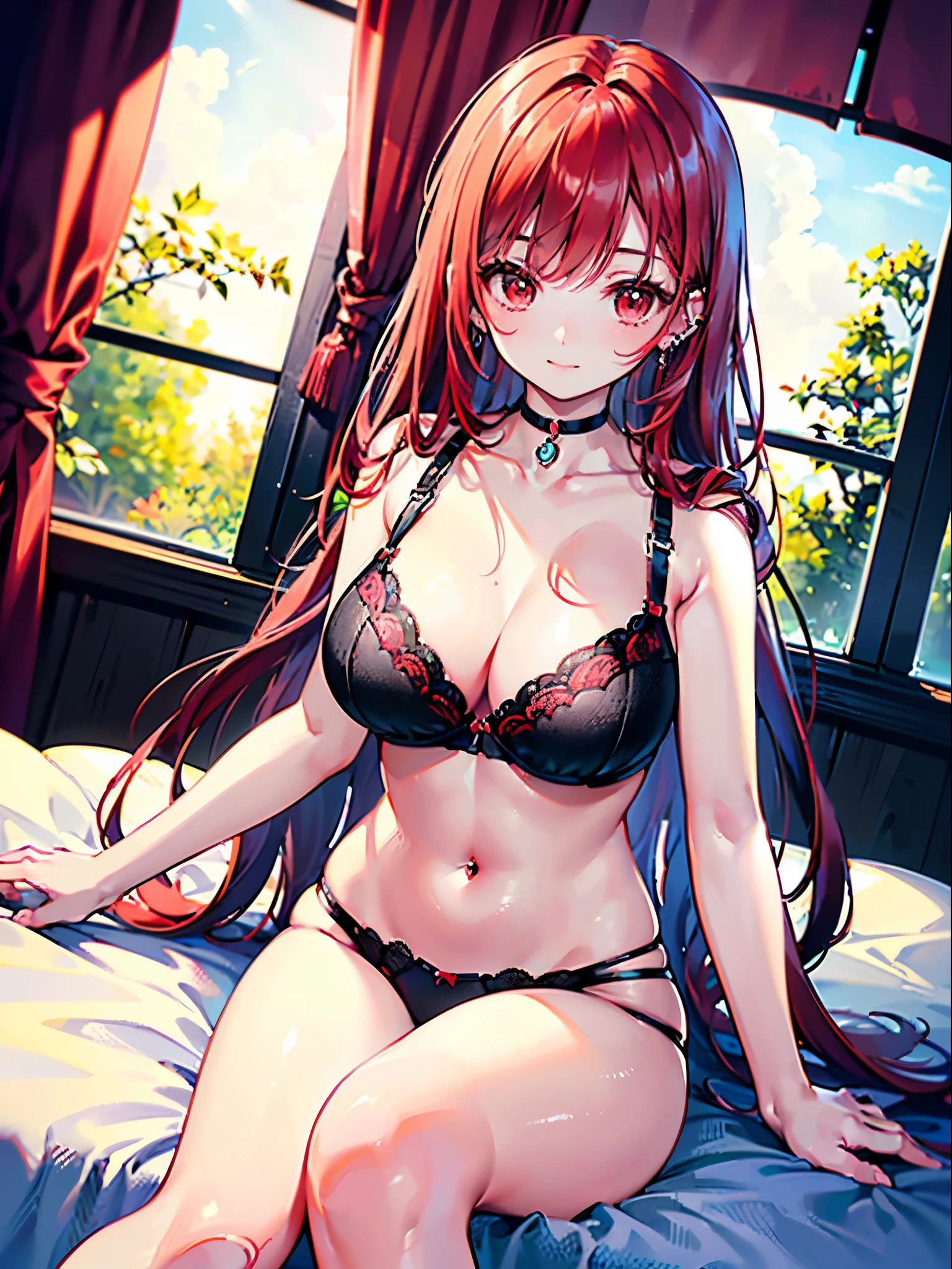 Nakano Itsuki、Shoulder-length pink hair、butterfly hair ornament、huge tit、(bra very、pantiy)、(red blush:1)、is standing、耳Nipple Ring、a smile、(A sexy)