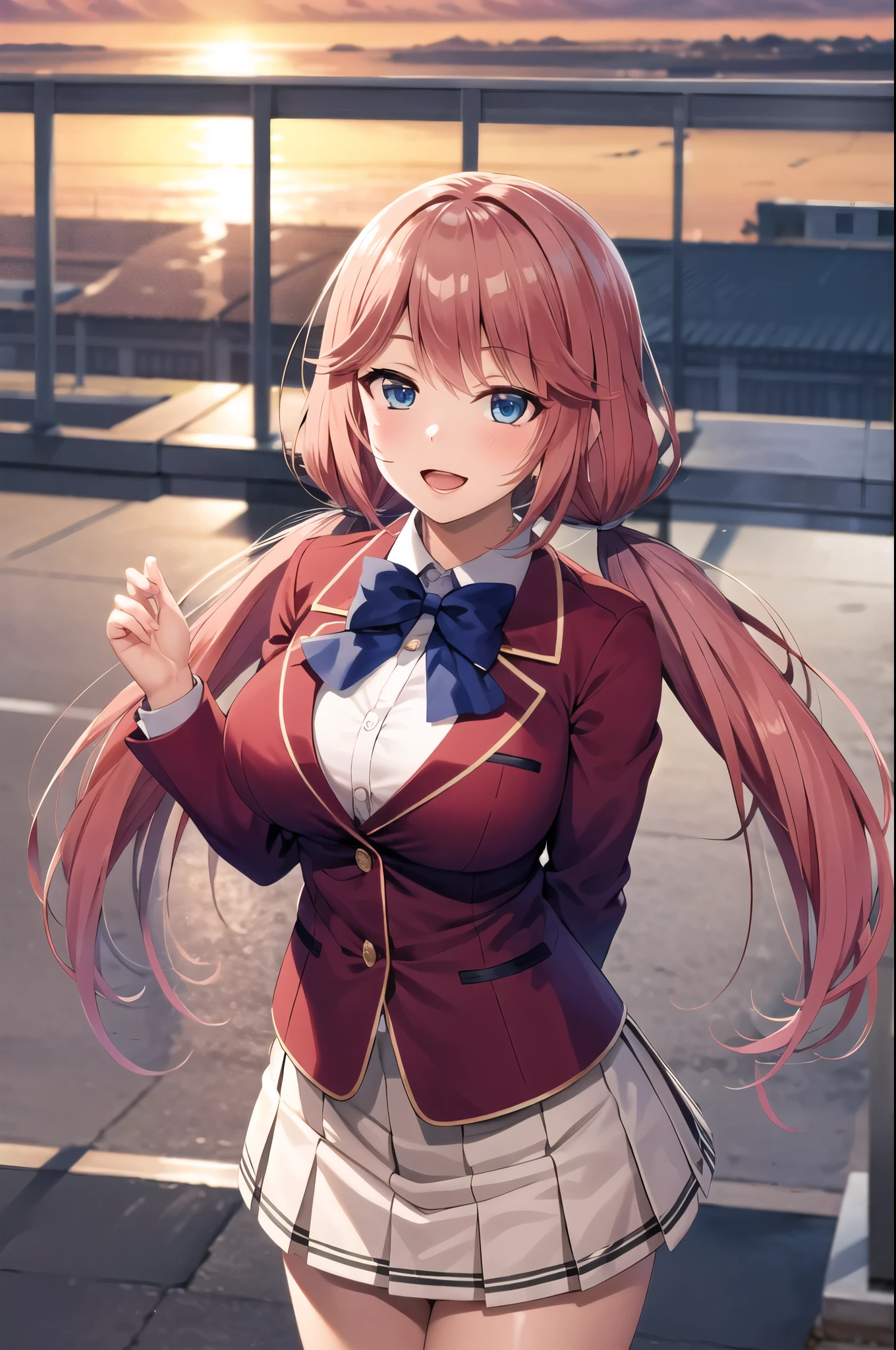 masterpiece, best quality, highres, 1girl, solo, long hair, pink hair, twintails, blue eyes, large breasts, school uniform, blue bowtie, blazer, red jacket, long sleeves, white skirt, school roof top ,outdoor, standing, pow posing,from front ,cowboy shot,smile ,glossy lips ,open mouth ,sunset ,blushing
